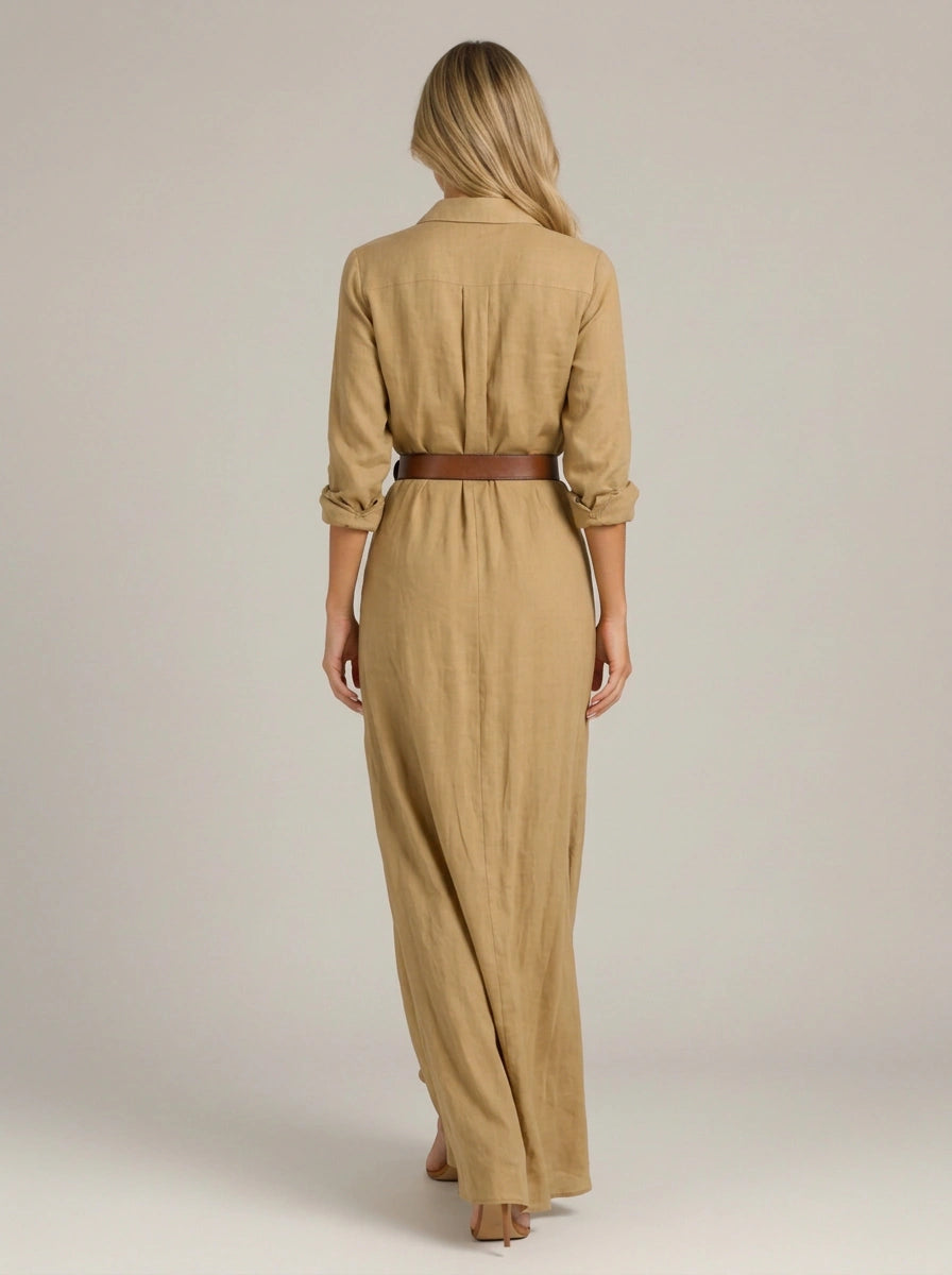 Renara Wrap Collar Maxi Shirt Dress – Belted Women Shirtdress Long Sleeve Button Down Flowy Summer Maxi Dress