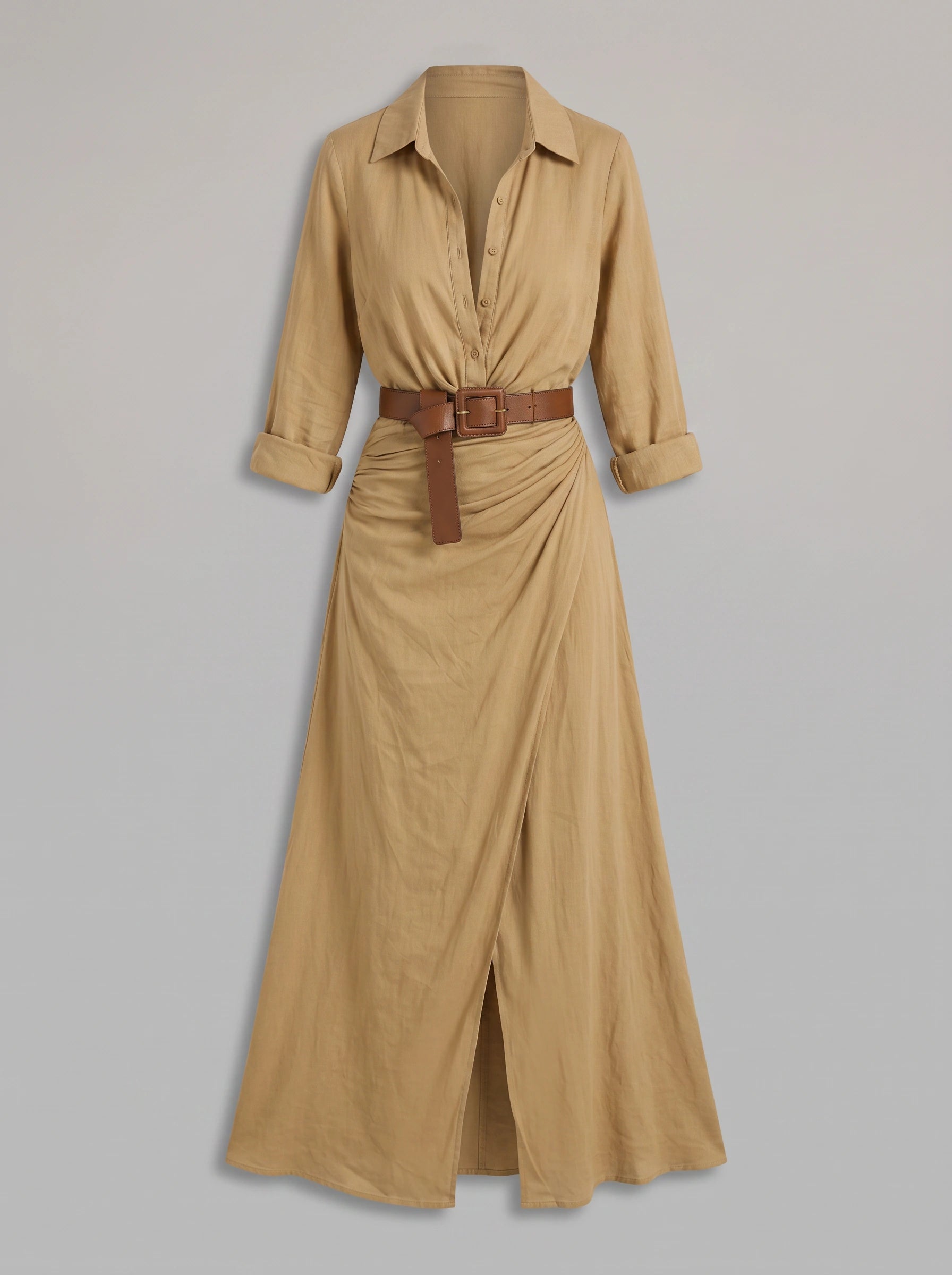 Renara Wrap Collar Maxi Shirt Dress – Belted Women Shirtdress Long Sleeve Button Down Flowy Summer Maxi Dress