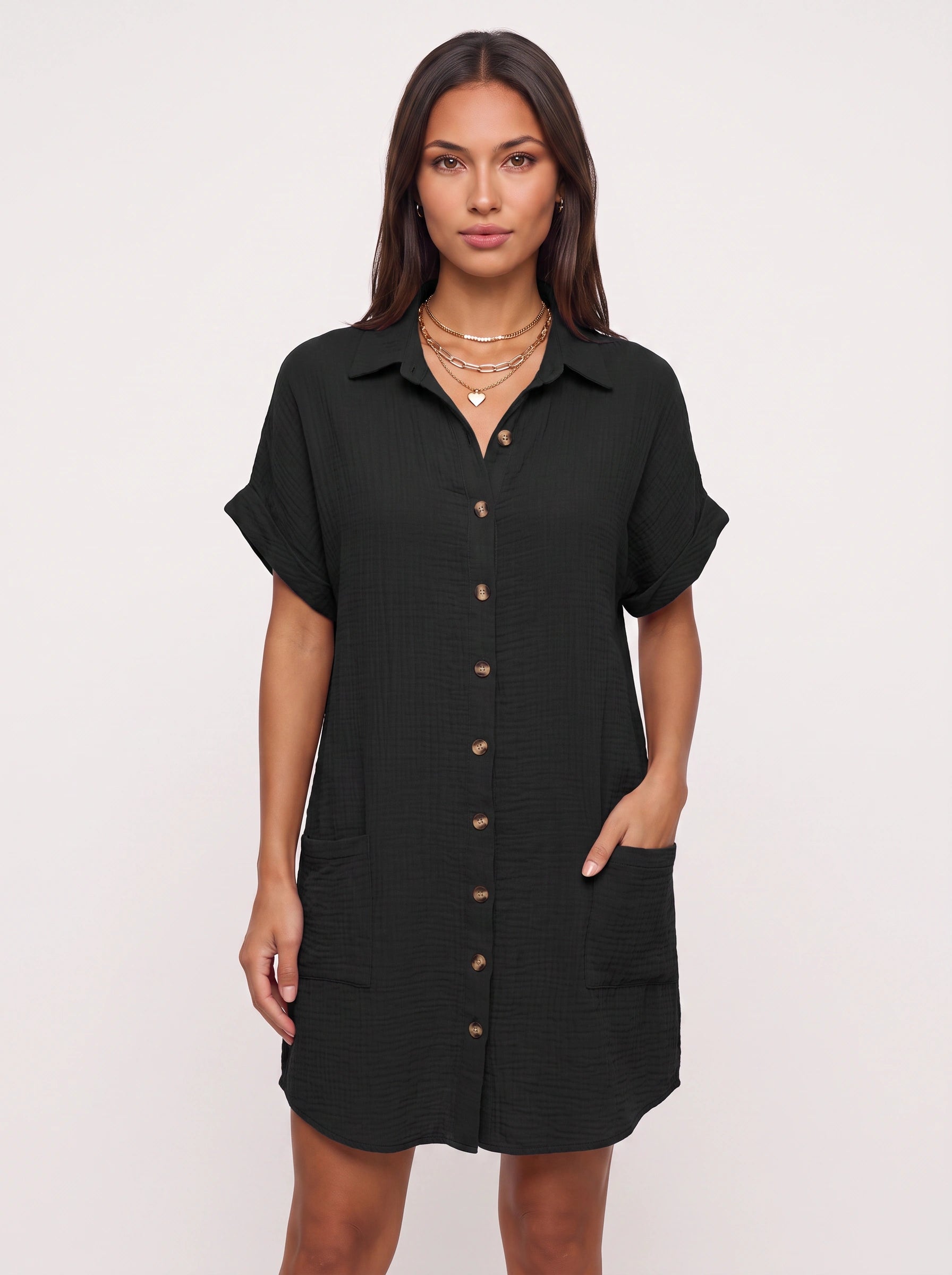 Costara Button Front Shirt Dress – Black Button Up Shirt Women Casual Summer Loose Fit Mini Dress