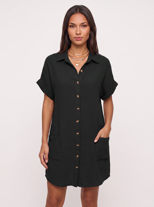 Costara Button Front Shirt Dress – Black Button Up Shirt Women Casual Summer Loose Fit Mini Dress