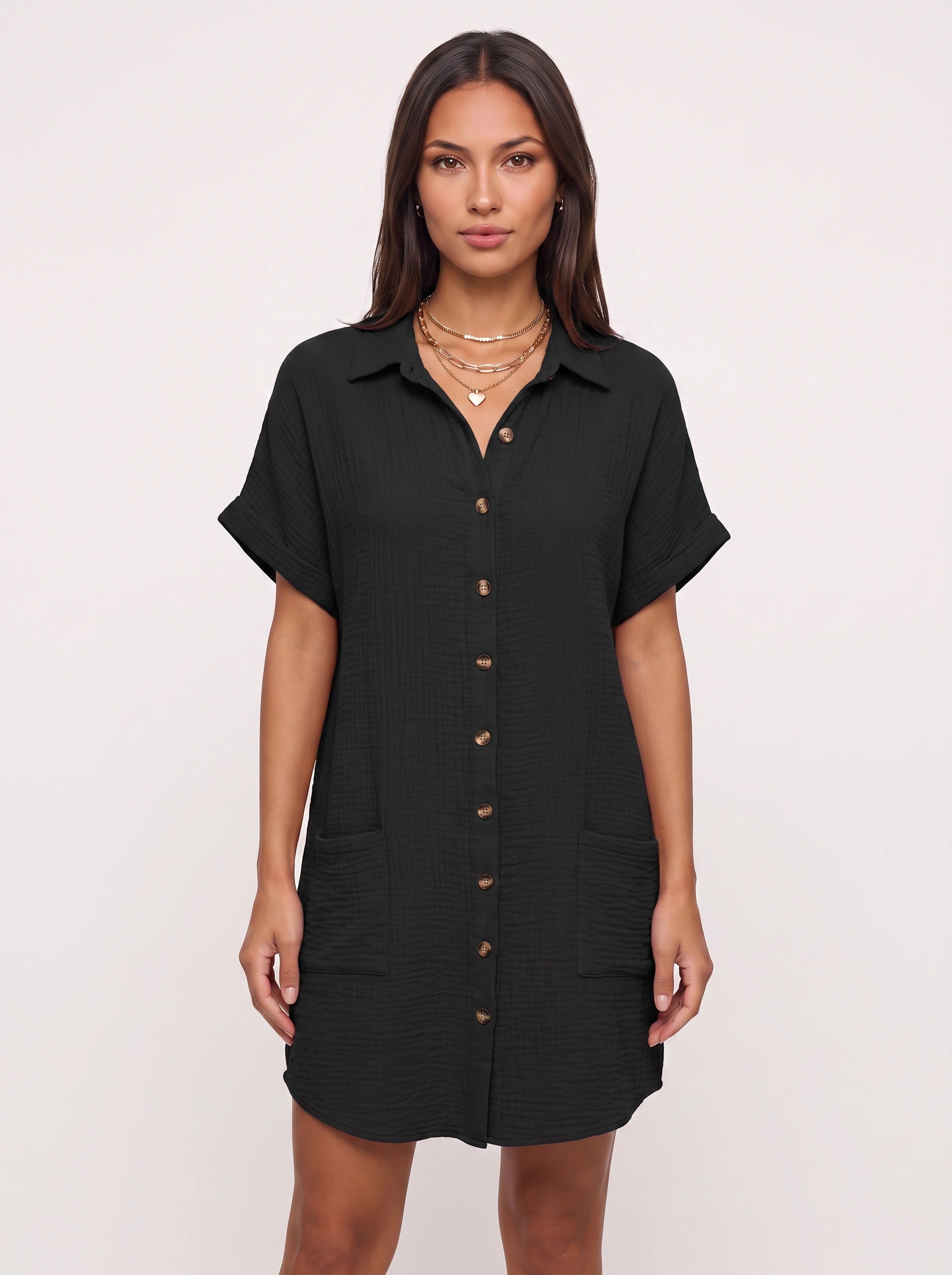Costara Button Front Shirt Dress – Black Button Up Shirt Women Casual Summer Loose Fit Mini Dress