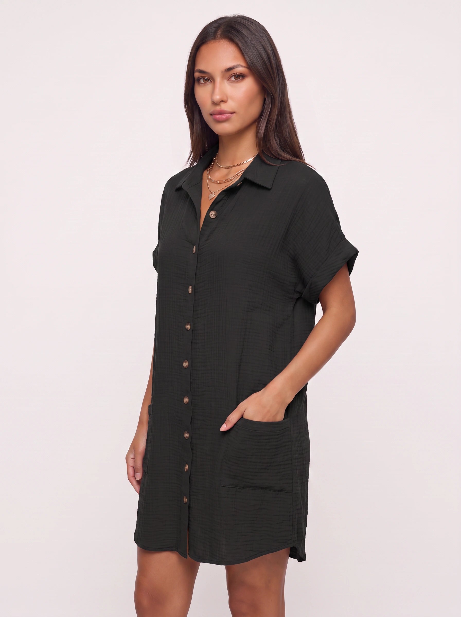 Costara Button Front Shirt Dress – Black Button Up Shirt Women Casual Summer Loose Fit Mini Dress