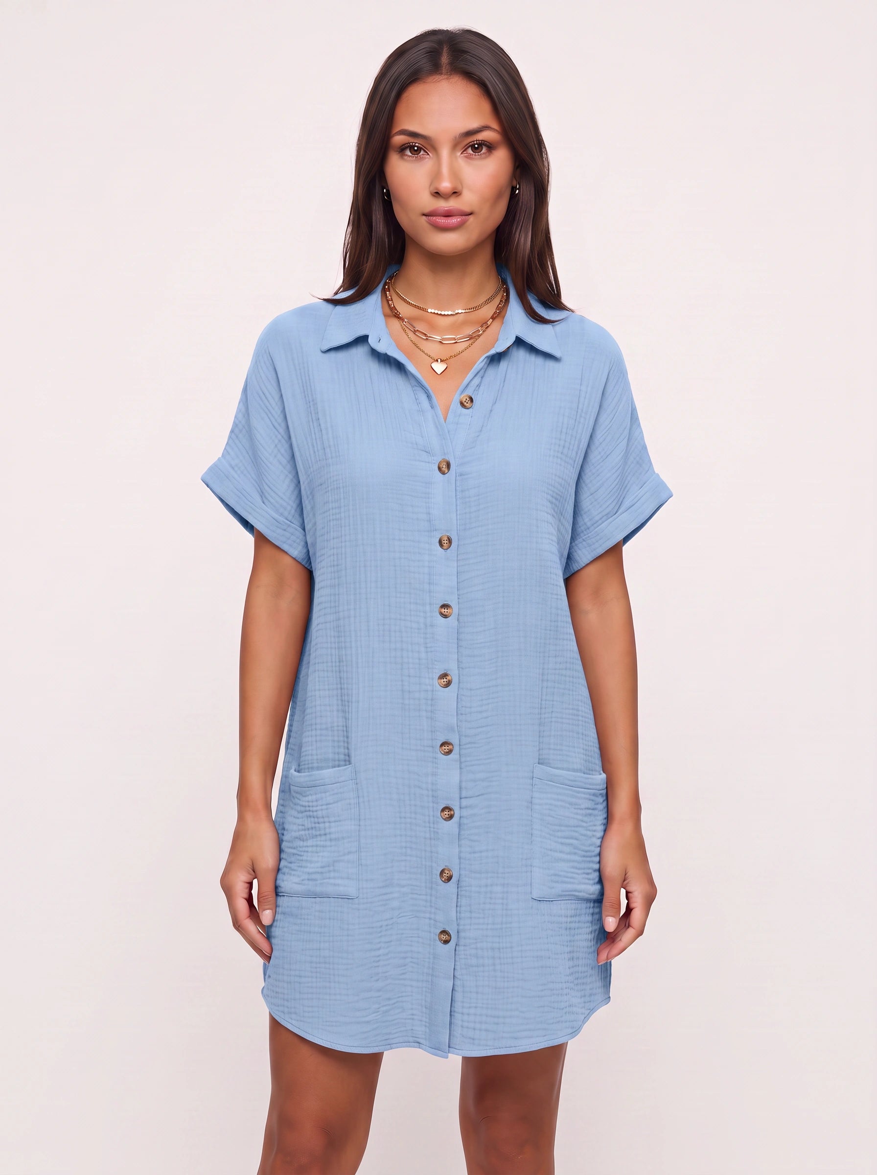 Costara Button Front Shirt Dress – Black Button Up Shirt Women Casual Summer Loose Fit Mini Dress