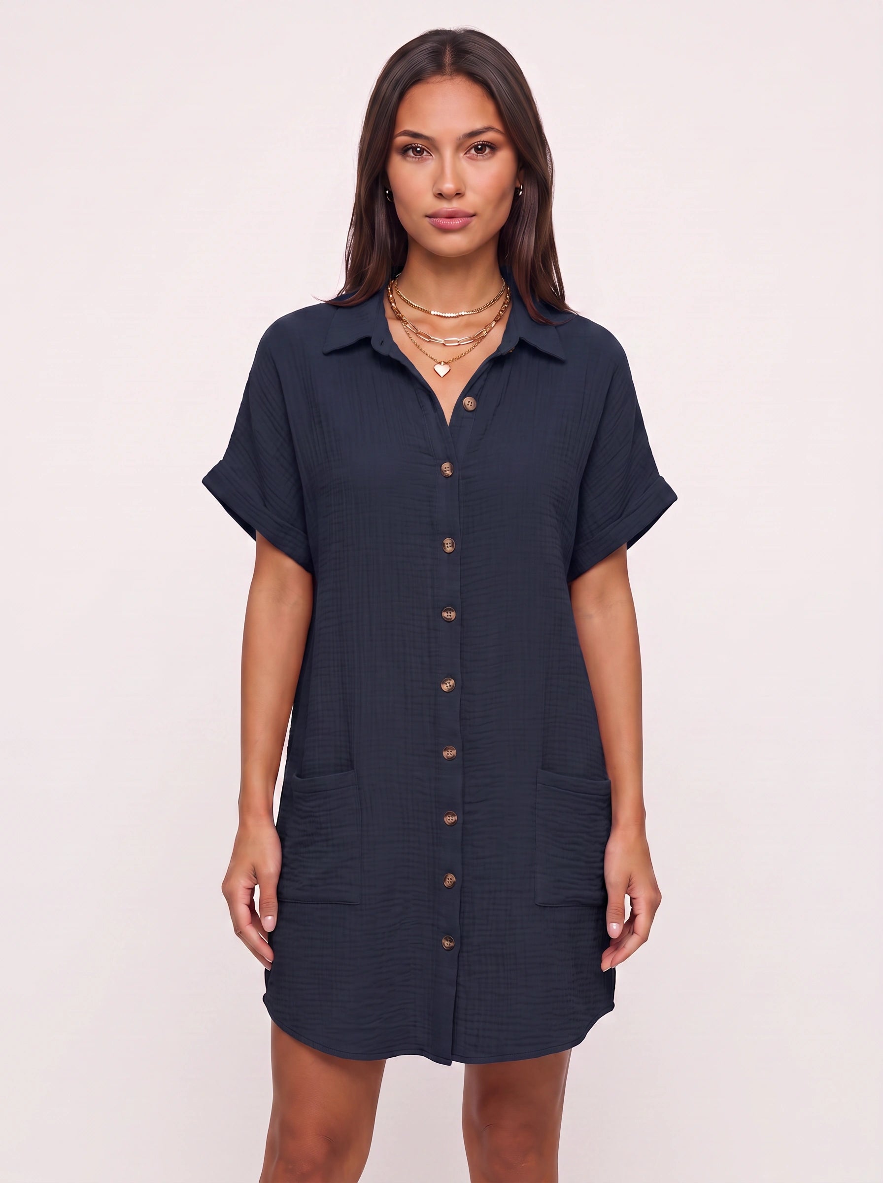 Costara Button Front Shirt Dress – Black Button Up Shirt Women Casual Summer Loose Fit Mini Dress