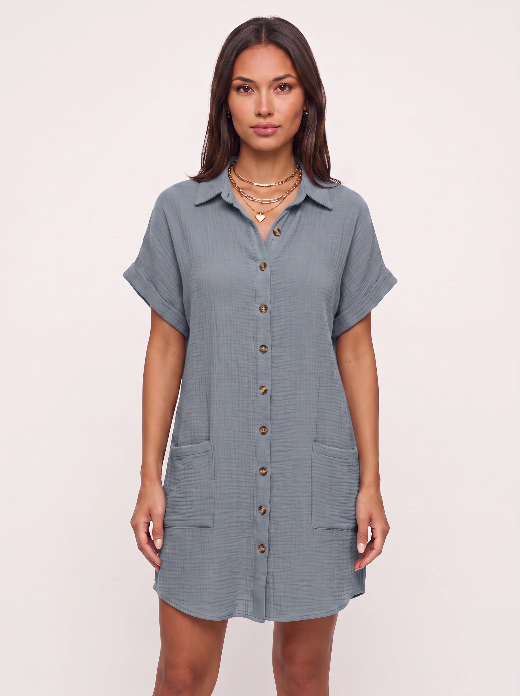 Costara Button Front Shirt Dress – Black Button Up Shirt Women Casual Summer Loose Fit Mini Dress