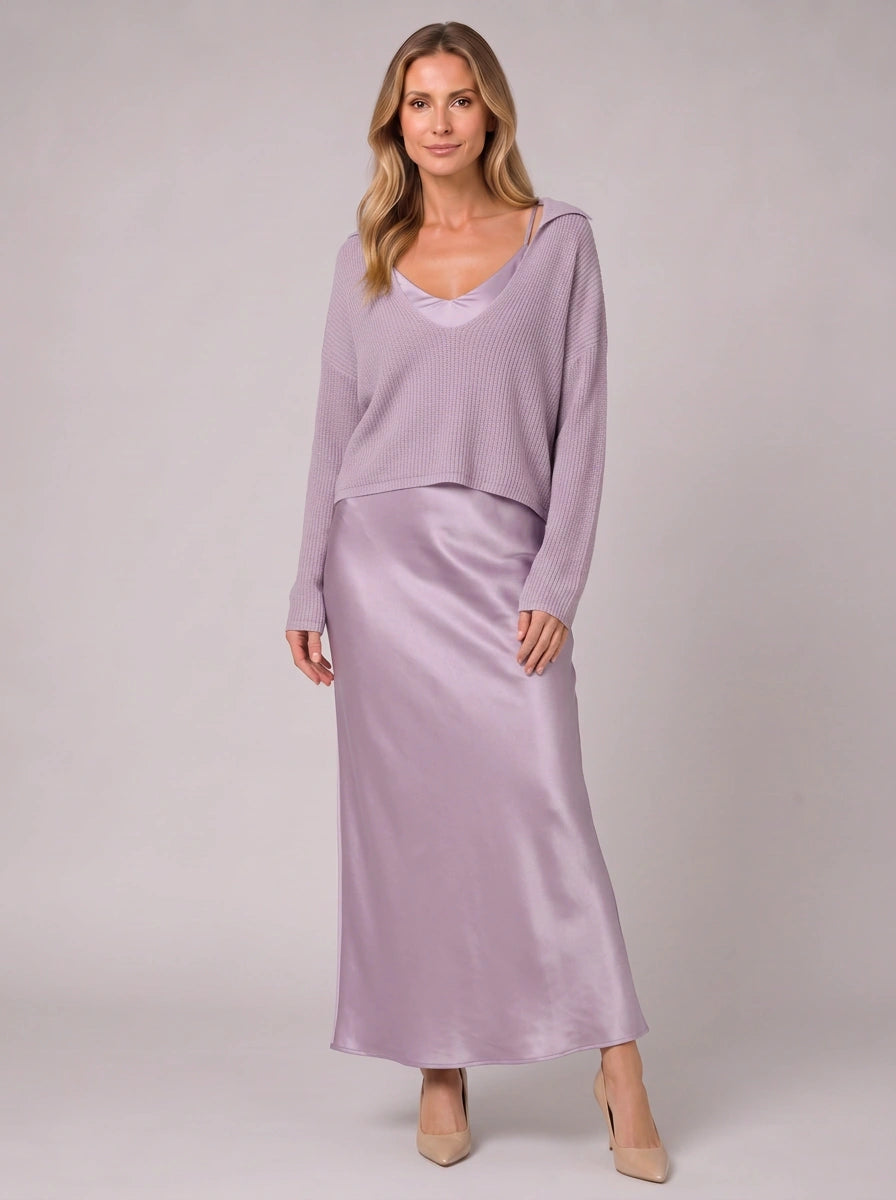 Silkflow Satin Wrap Maxi Dress Sweater Three Piece Set– Women Formal Evening Party Cocktail Wedding Guest Satin Maxi Dress