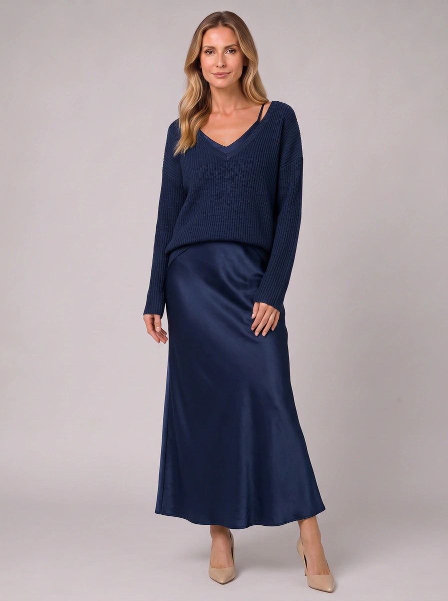 Silkflow Satin Wrap Maxi Dress Sweater Three Piece Set– Women Formal Evening Party Cocktail Wedding Guest Satin Maxi Dress