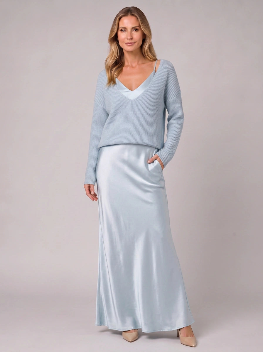 Silkflow Satin Wrap Maxi Dress Sweater Three Piece Set– Women Formal Evening Party Cocktail Wedding Guest Satin Maxi Dress