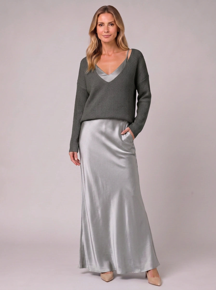 Silkflow Satin Wrap Maxi Dress Sweater Three Piece Set– Women Formal Evening Party Cocktail Wedding Guest Satin Maxi Dress
