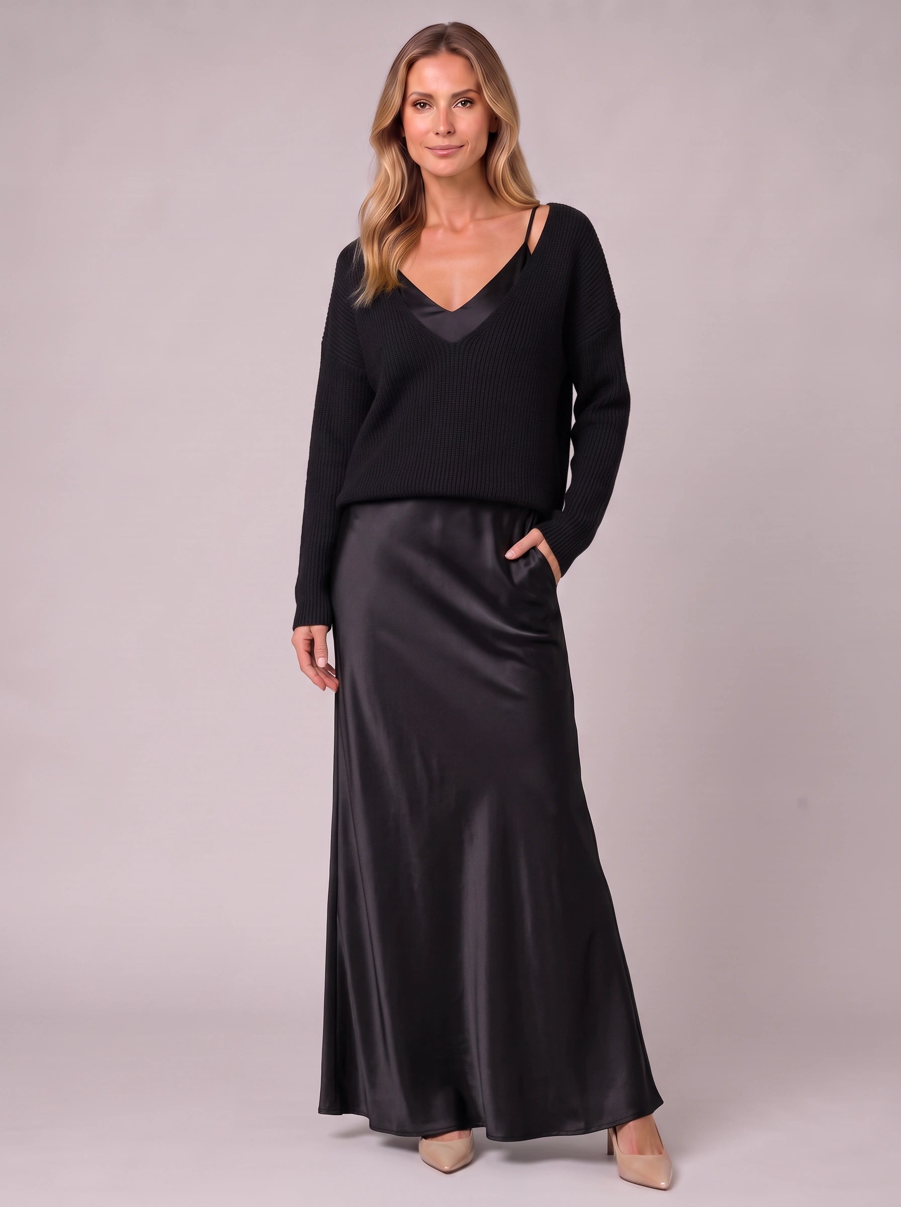 Silkflow Satin Wrap Maxi Dress Sweater Three Piece Set– Women Formal Evening Party Cocktail Wedding Guest Satin Maxi Dress