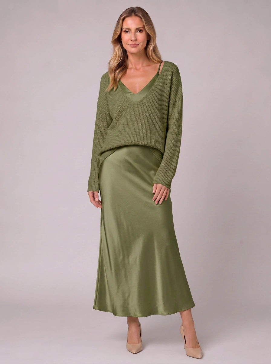 Silkflow Satin Wrap Maxi Dress Sweater Three Piece Set– Women Formal Evening Party Cocktail Wedding Guest Satin Maxi Dress