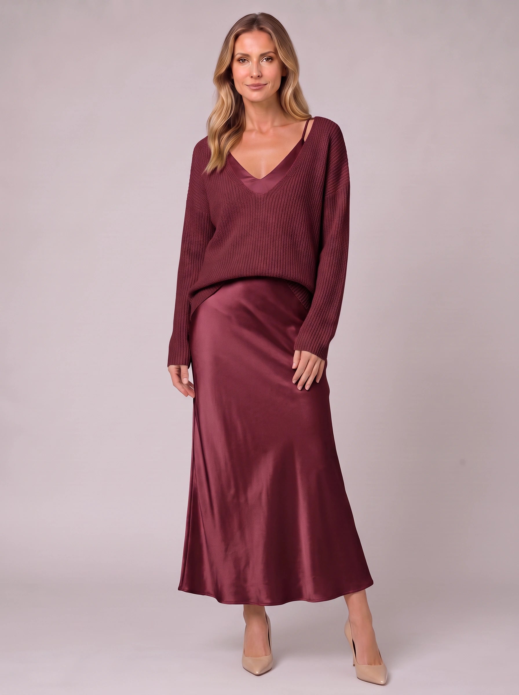Silkflow Satin Wrap Maxi Dress Sweater Three Piece Set– Women Formal Evening Party Cocktail Wedding Guest Satin Maxi Dress