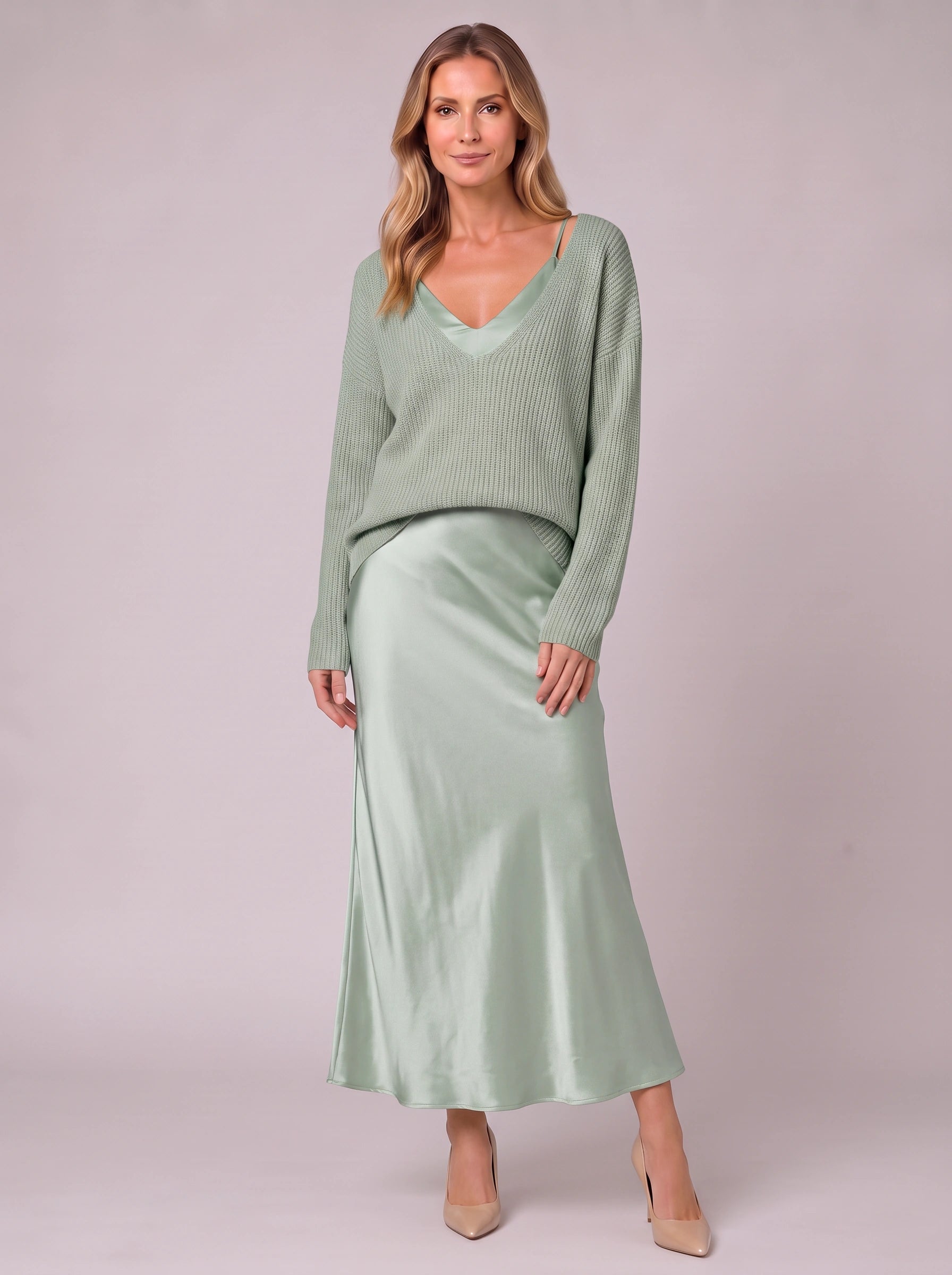 Silkflow Satin Wrap Maxi Dress Sweater Three Piece Set– Women Formal Evening Party Cocktail Wedding Guest Satin Maxi Dress