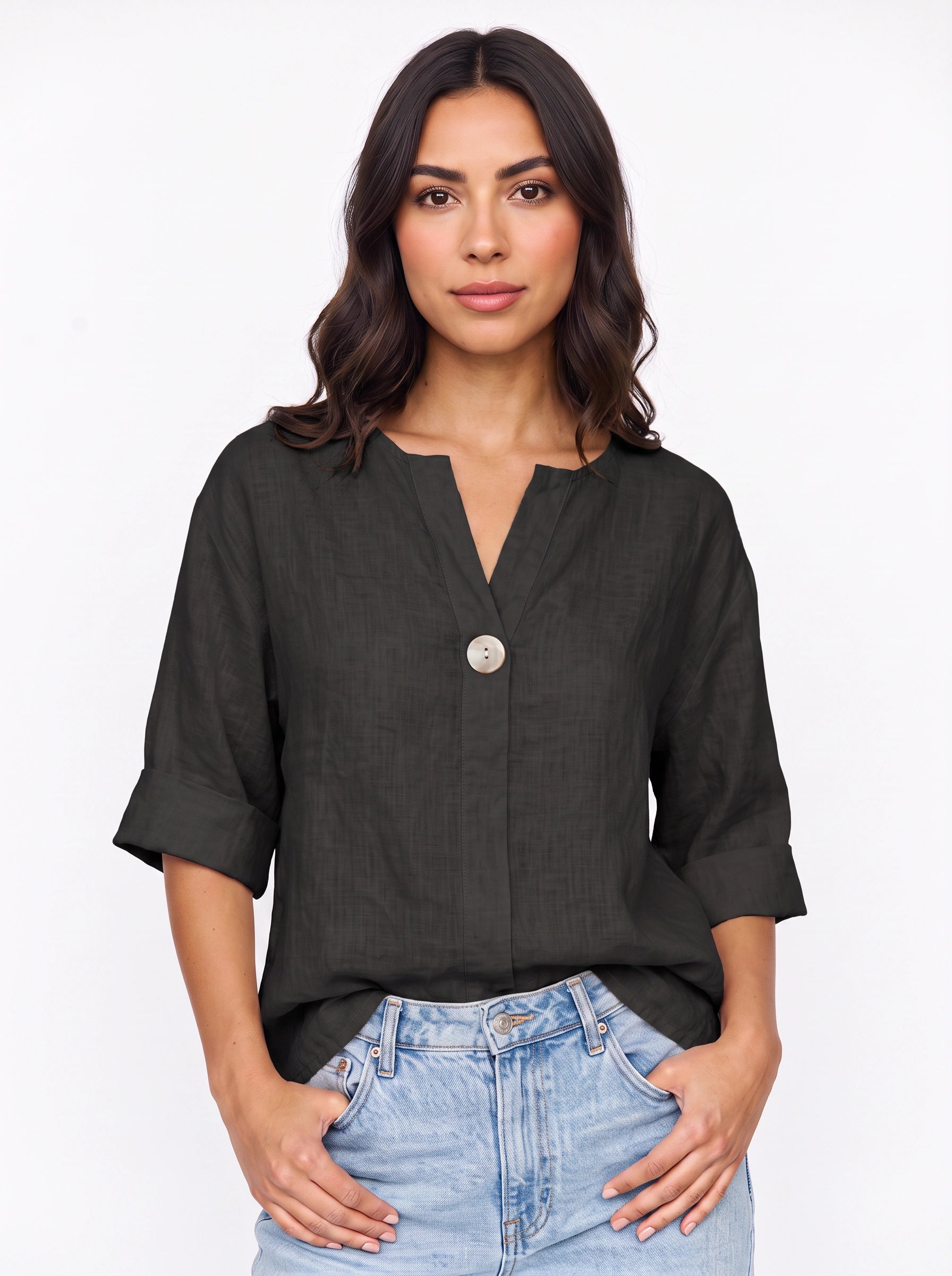 Linaro Oversized Linen Blouse – V-Neck Cuffed Long Sleeve Women Summer Casual Loose Fit Shirt Top
