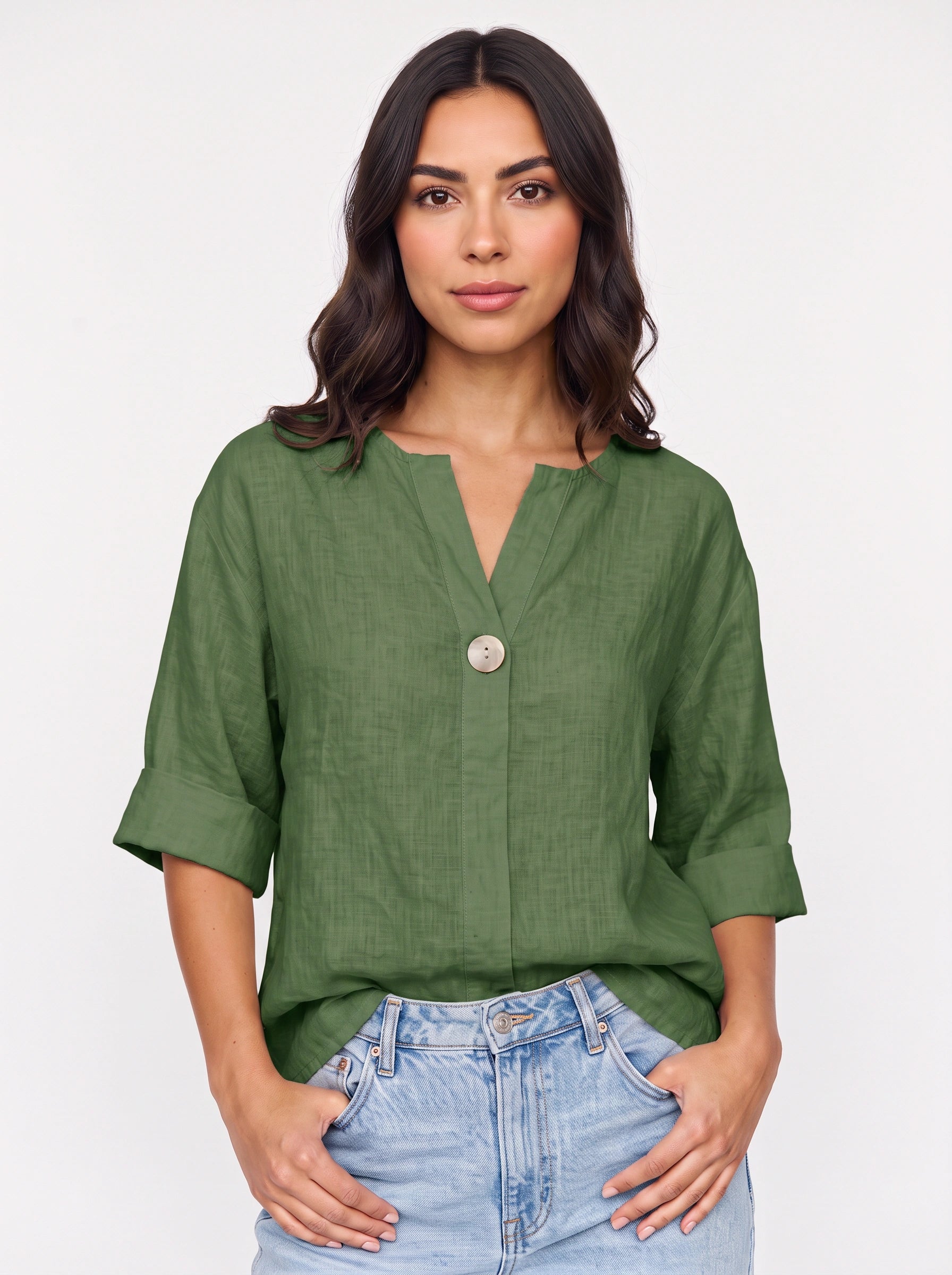 Linaro Oversized Linen Blouse – V-Neck Cuffed Long Sleeve Women Summer Casual Loose Fit Shirt Top