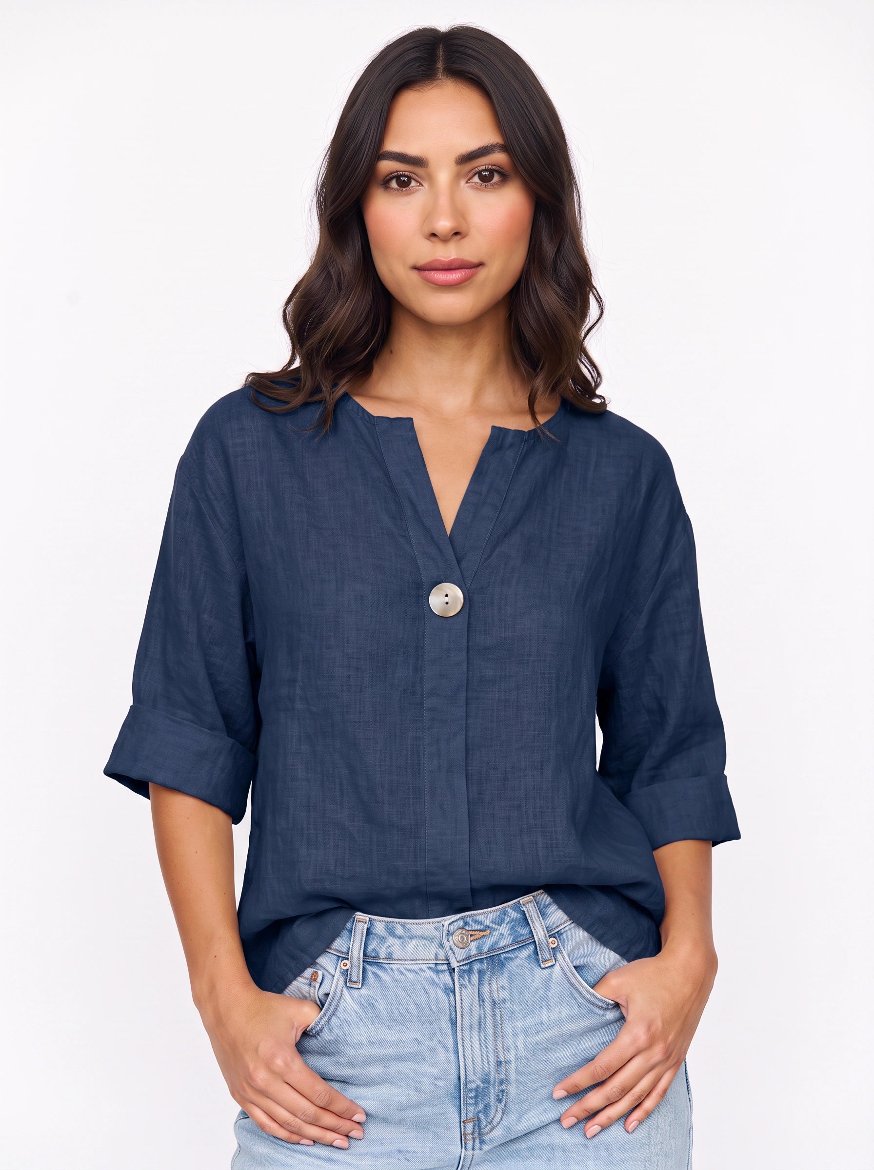 Linaro Oversized Linen Blouse – V-Neck Cuffed Long Sleeve Women Summer Casual Loose Fit Shirt Top