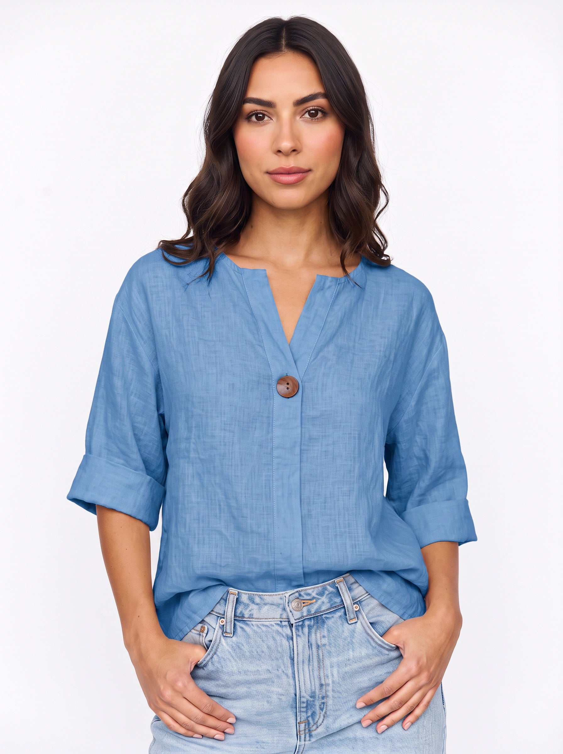 Linaro Oversized Linen Blouse – V-Neck Cuffed Long Sleeve Women Summer Casual Loose Fit Shirt Top