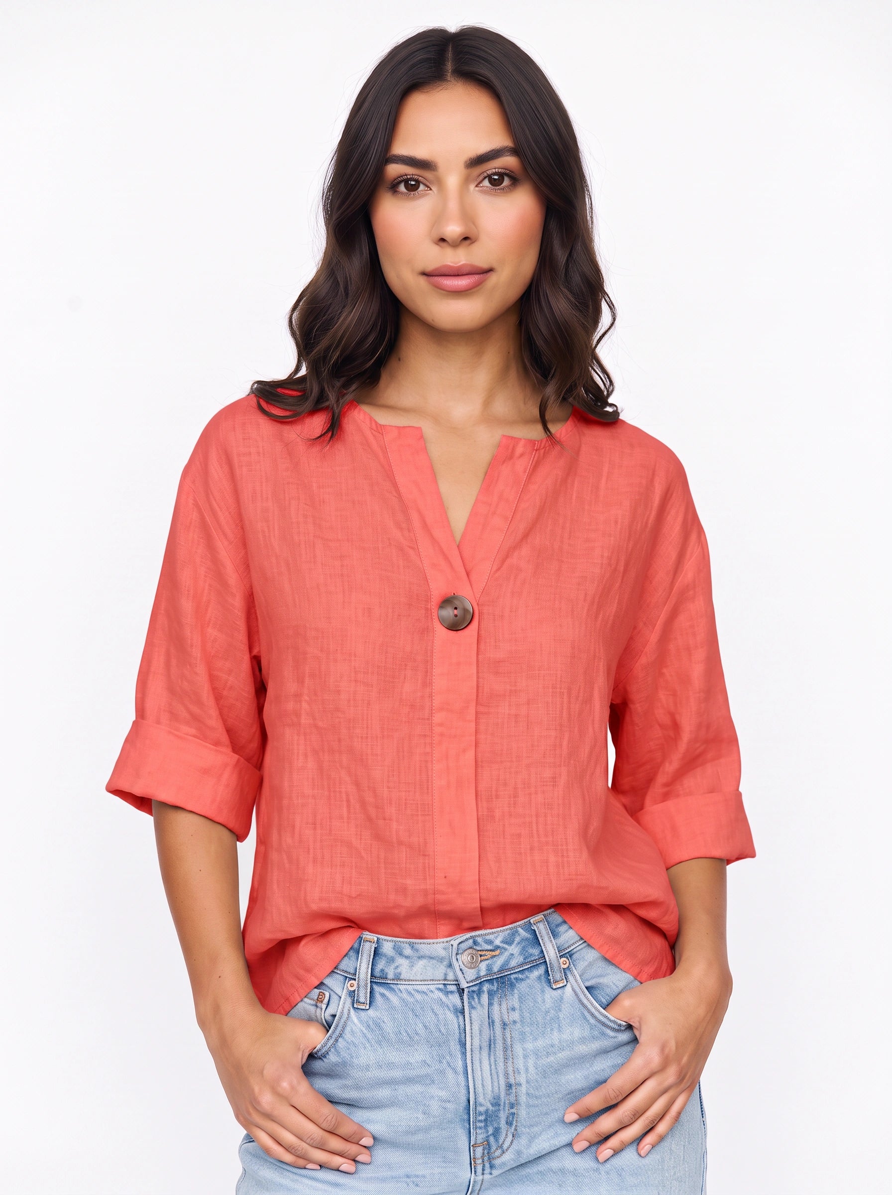 Linaro Oversized Linen Blouse – V-Neck Cuffed Long Sleeve Women Summer Casual Loose Fit Shirt Top