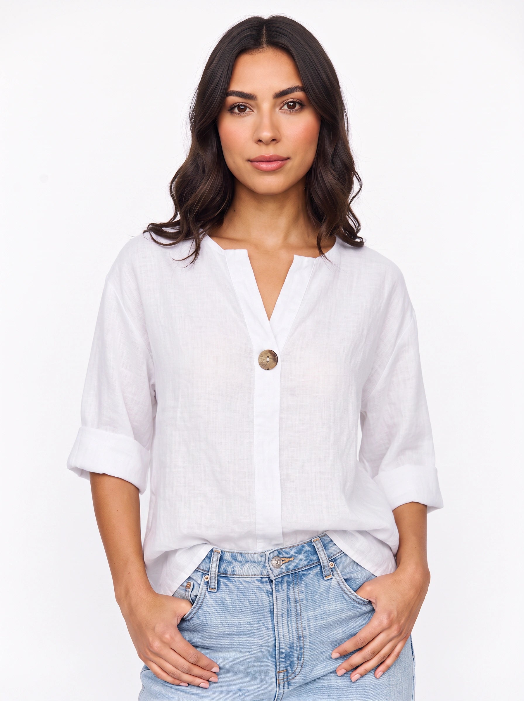 Linaro Oversized Linen Blouse – V-Neck Cuffed Long Sleeve Women Summer Casual Loose Fit Shirt Top