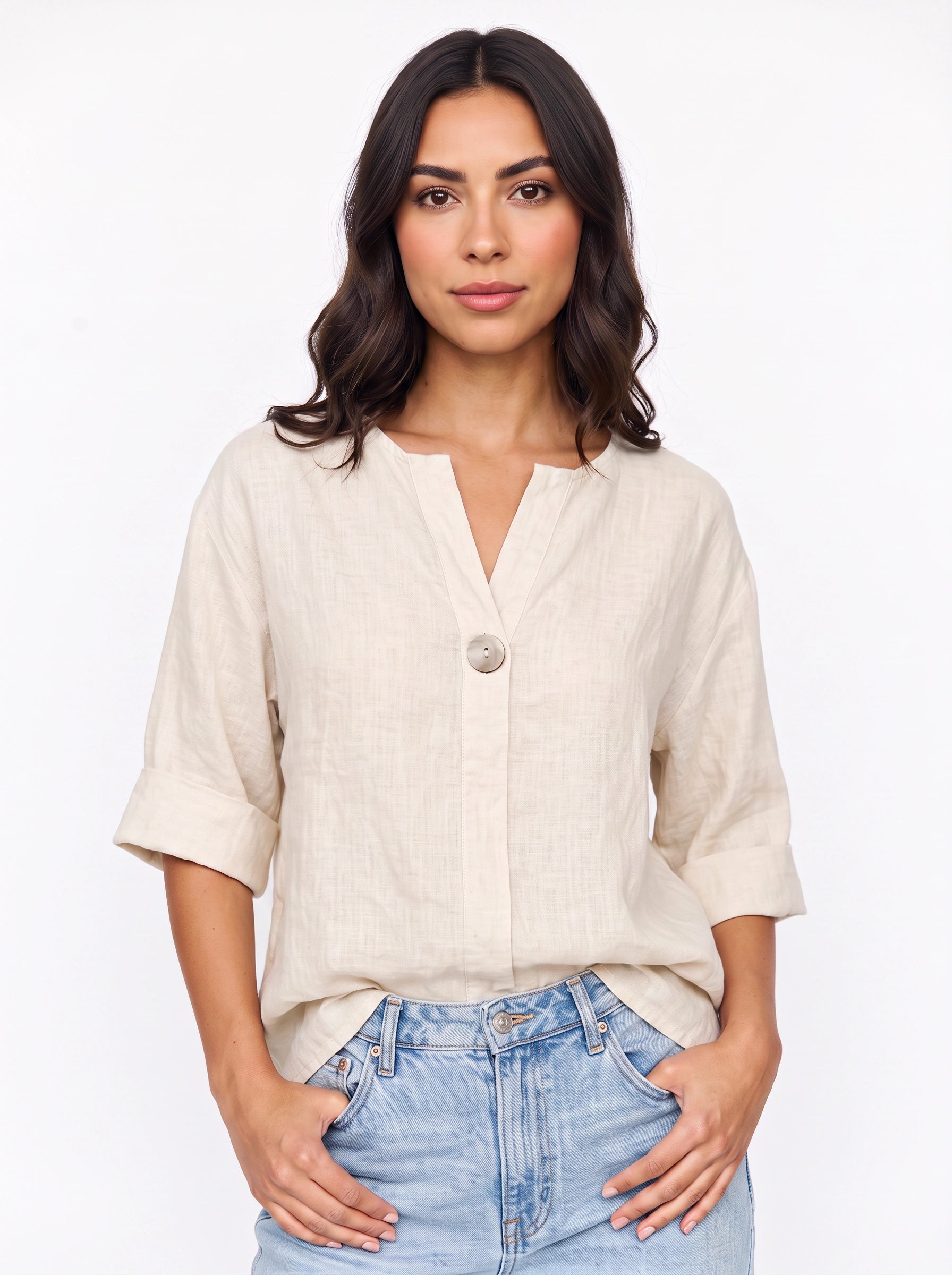 Linaro Oversized Linen Blouse – V-Neck Cuffed Long Sleeve Women Summer Casual Loose Fit Shirt Top