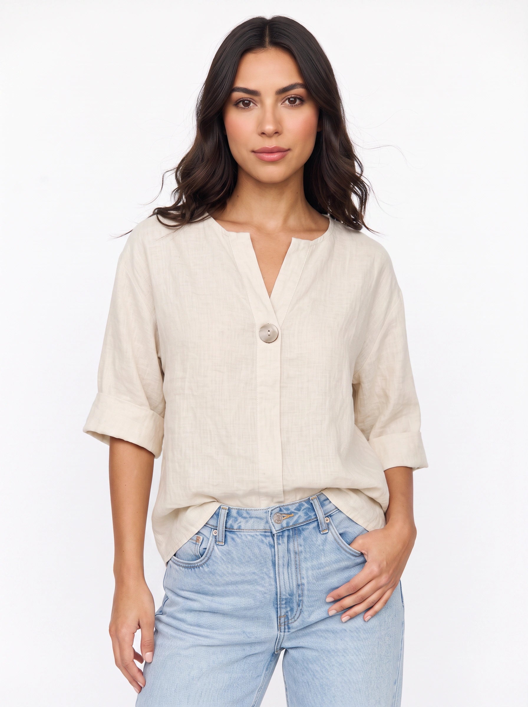 Linaro Oversized Linen Blouse – V-Neck Cuffed Long Sleeve Women Summer Casual Loose Fit Shirt Top