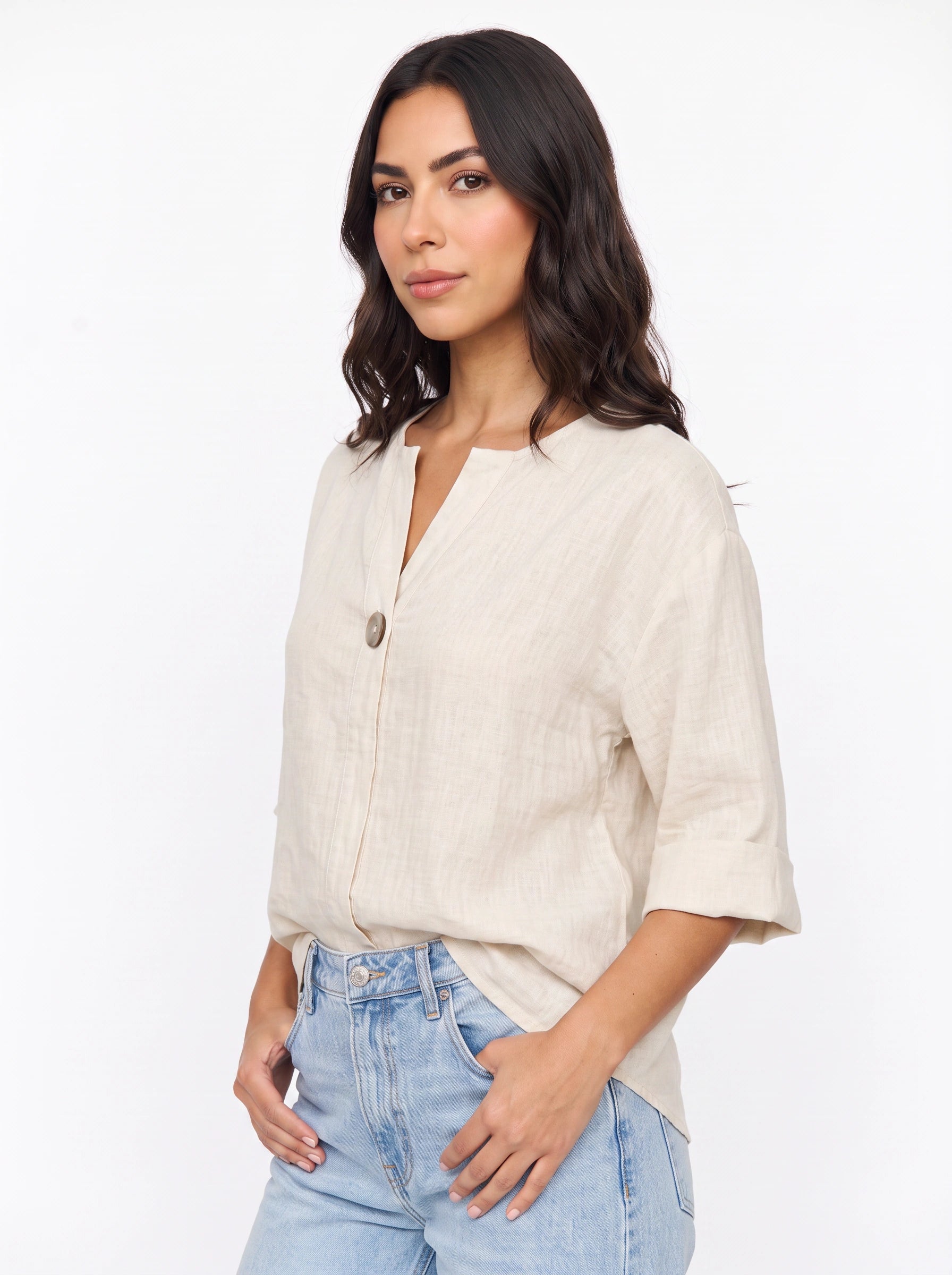 Linaro Oversized Linen Blouse – V-Neck Cuffed Long Sleeve Women Summer Casual Loose Fit Shirt Top