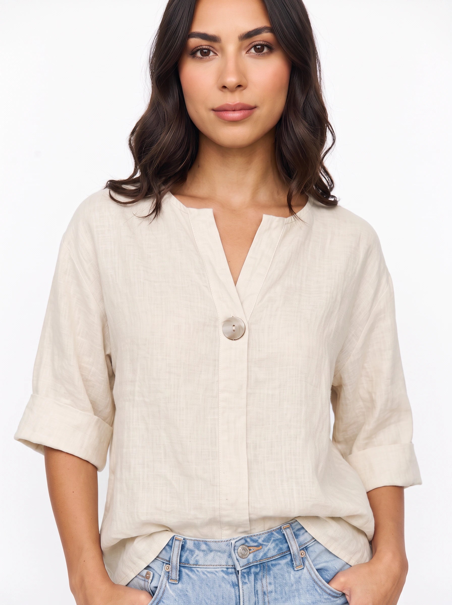 Linaro Oversized Linen Blouse – V-Neck Cuffed Long Sleeve Women Summer Casual Loose Fit Shirt Top