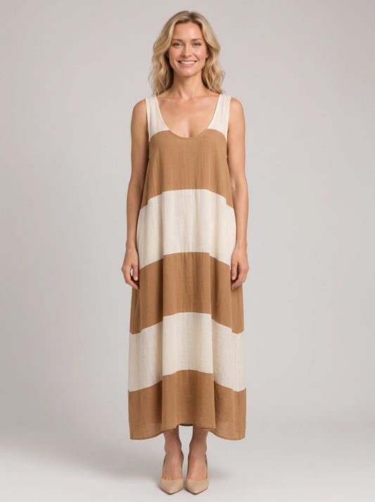Bandara Colorblock Tank Maxi Dress – Striped Linen Women Vacation Beach Summer Casual Flowy Maxi Dress