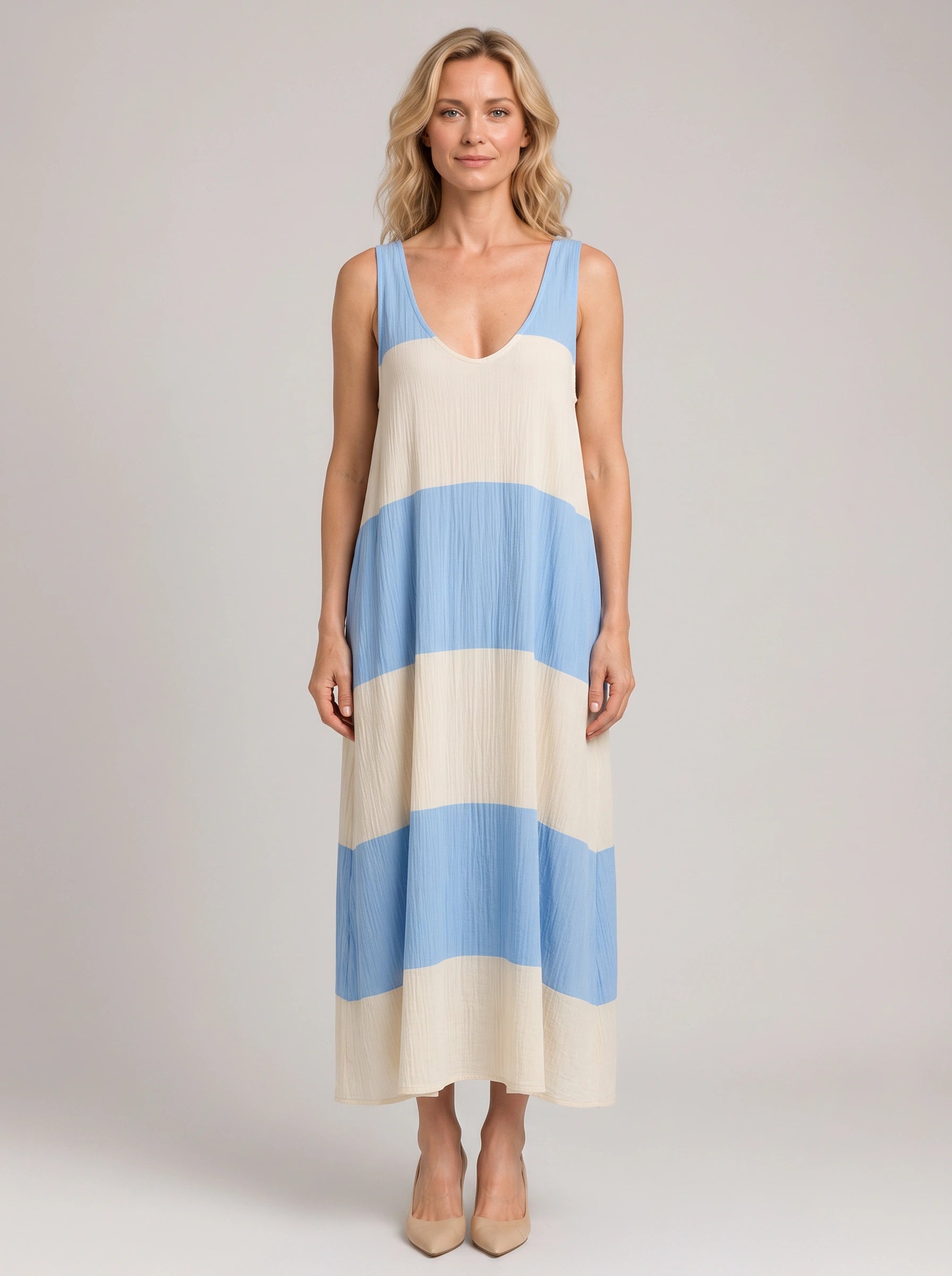 Bandara Colorblock Tank Maxi Dress – Striped Linen Women Vacation Beach Summer Casual Flowy Maxi Dress