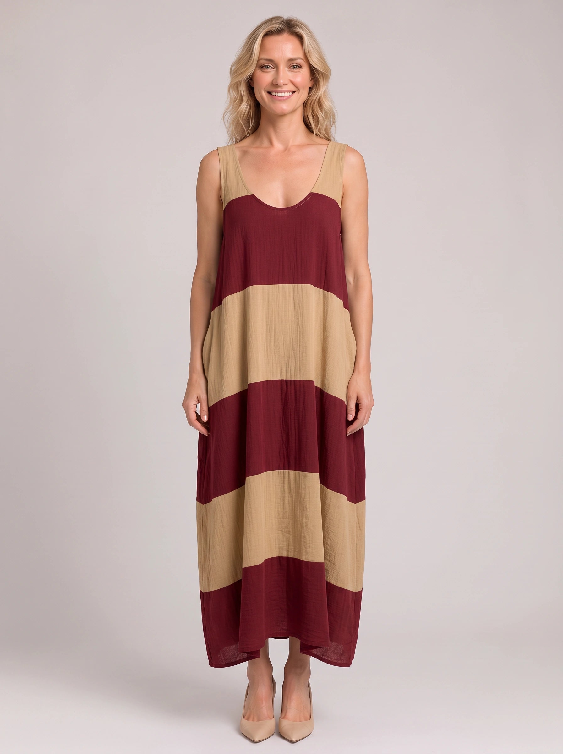 Bandara Colorblock Tank Maxi Dress – Striped Linen Women Vacation Beach Summer Casual Flowy Maxi Dress
