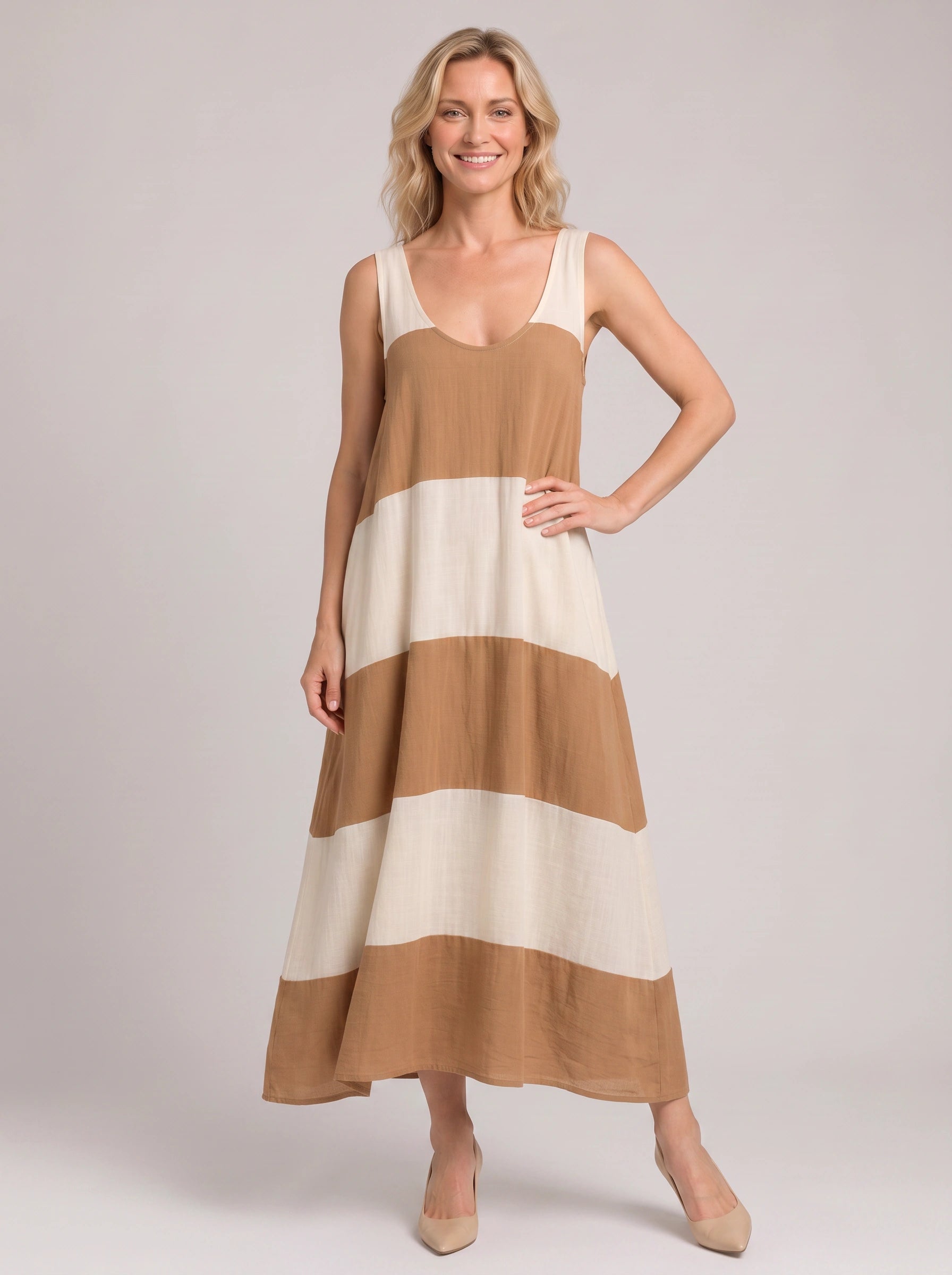 Bandara Colorblock Tank Maxi Dress – Striped Linen Women Vacation Beach Summer Casual Flowy Maxi Dress