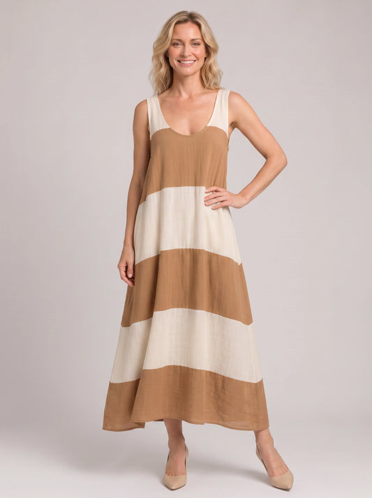 Bandara Colorblock Tank Maxi Dress – Striped Linen Women Vacation Beach Summer Casual Flowy Maxi Dress