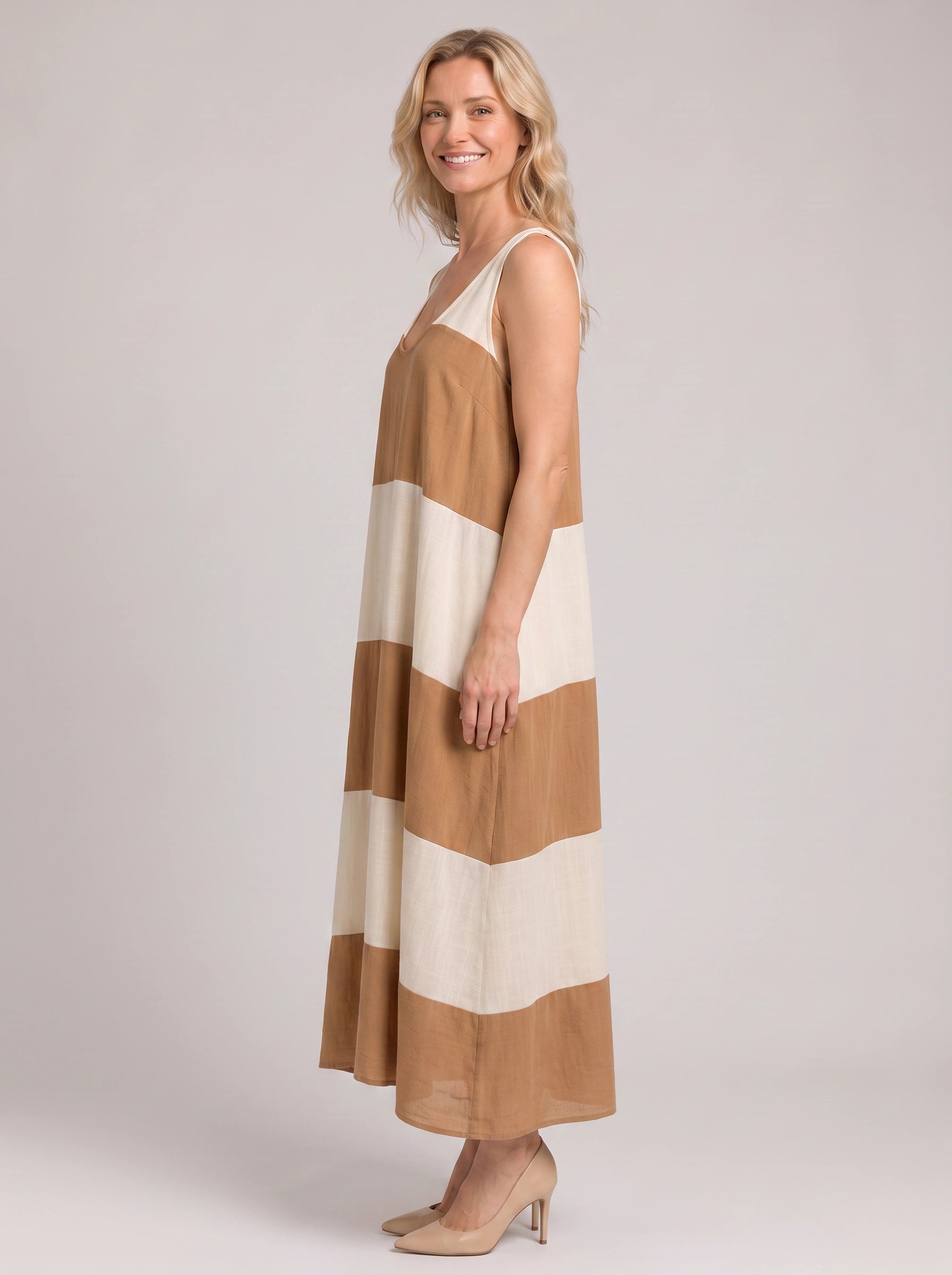 Bandara Colorblock Tank Maxi Dress – Striped Linen Women Vacation Beach Summer Casual Flowy Maxi Dress