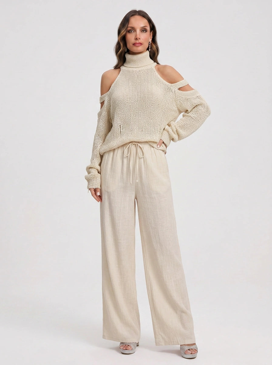 Knitara Cold-Shoulder Turtleneck Sweater – Women Lounge Co-Ord Set Summer Casual Wide-Leg Pants