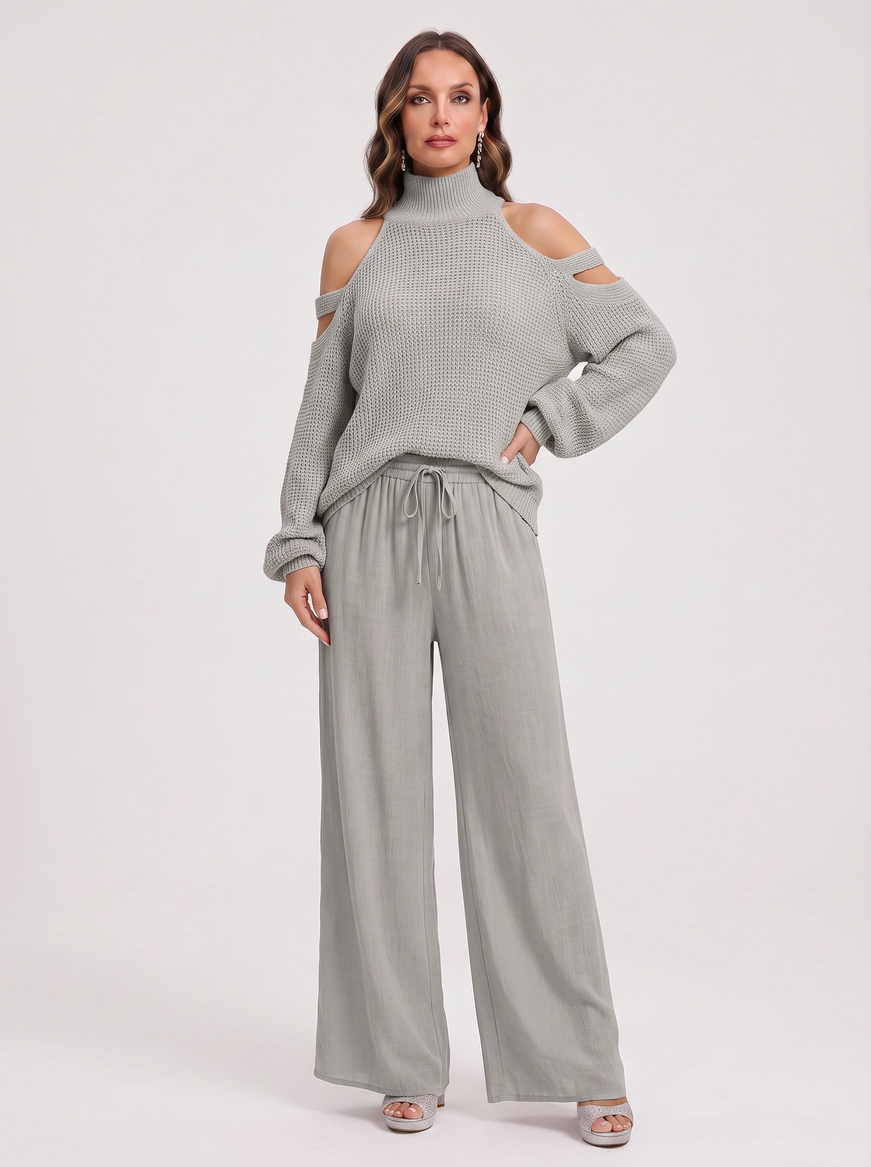 Knitara Cold-Shoulder Turtleneck Sweater – Women Lounge Co-Ord Set Summer Casual Wide-Leg Pants