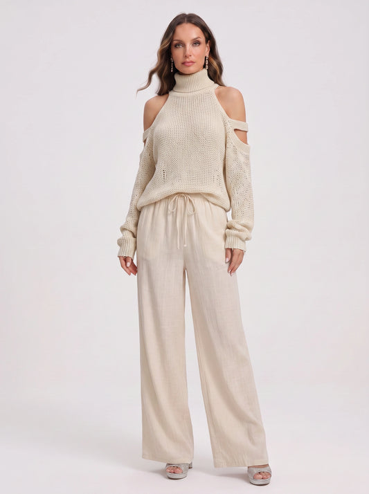 Knitara Cold-Shoulder Turtleneck Sweater – Women Lounge Co-Ord Set Summer Casual Wide-Leg Pants