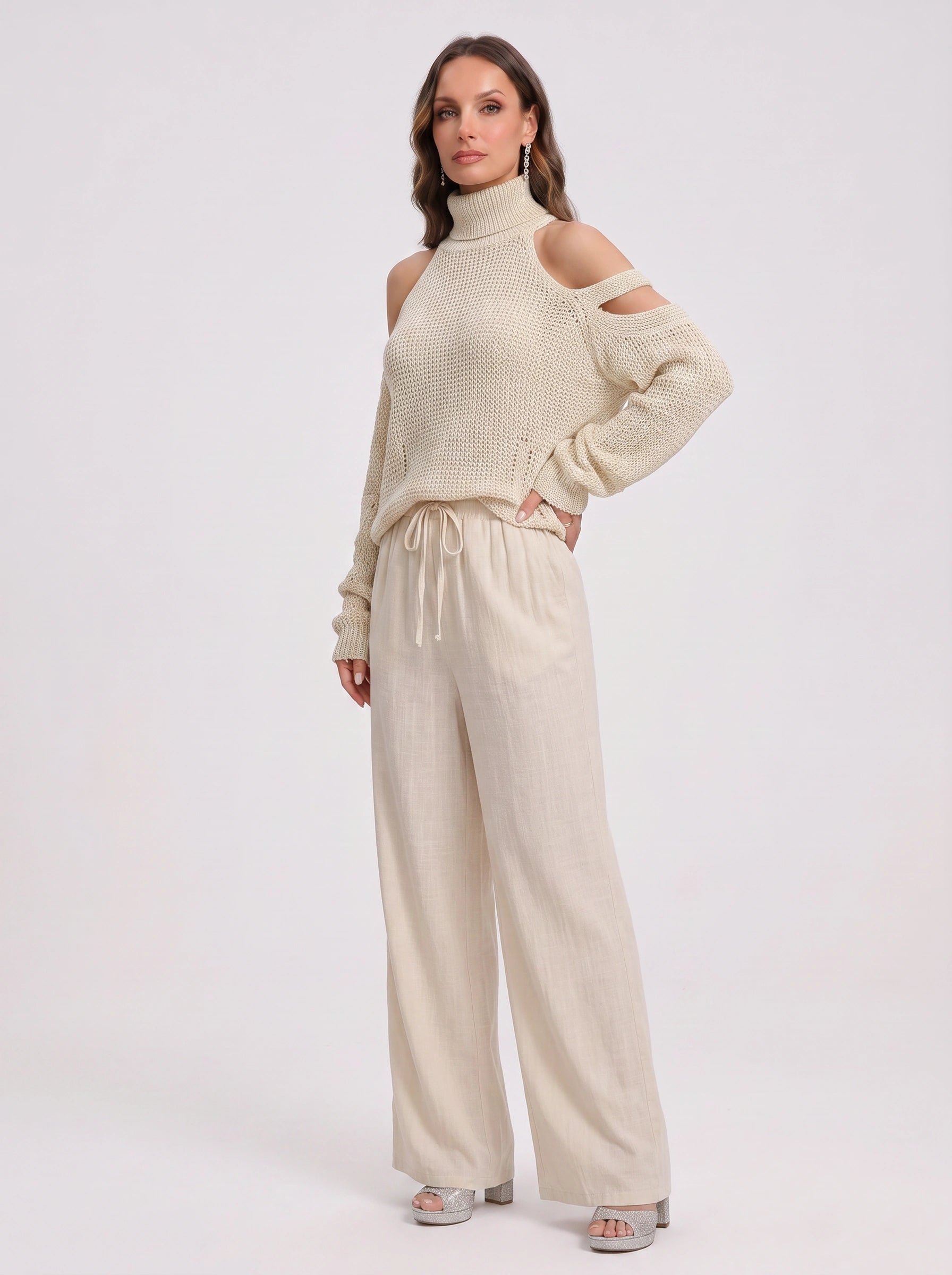 Knitara Cold-Shoulder Turtleneck Sweater – Women Lounge Co-Ord Set Summer Casual Wide-Leg Pants
