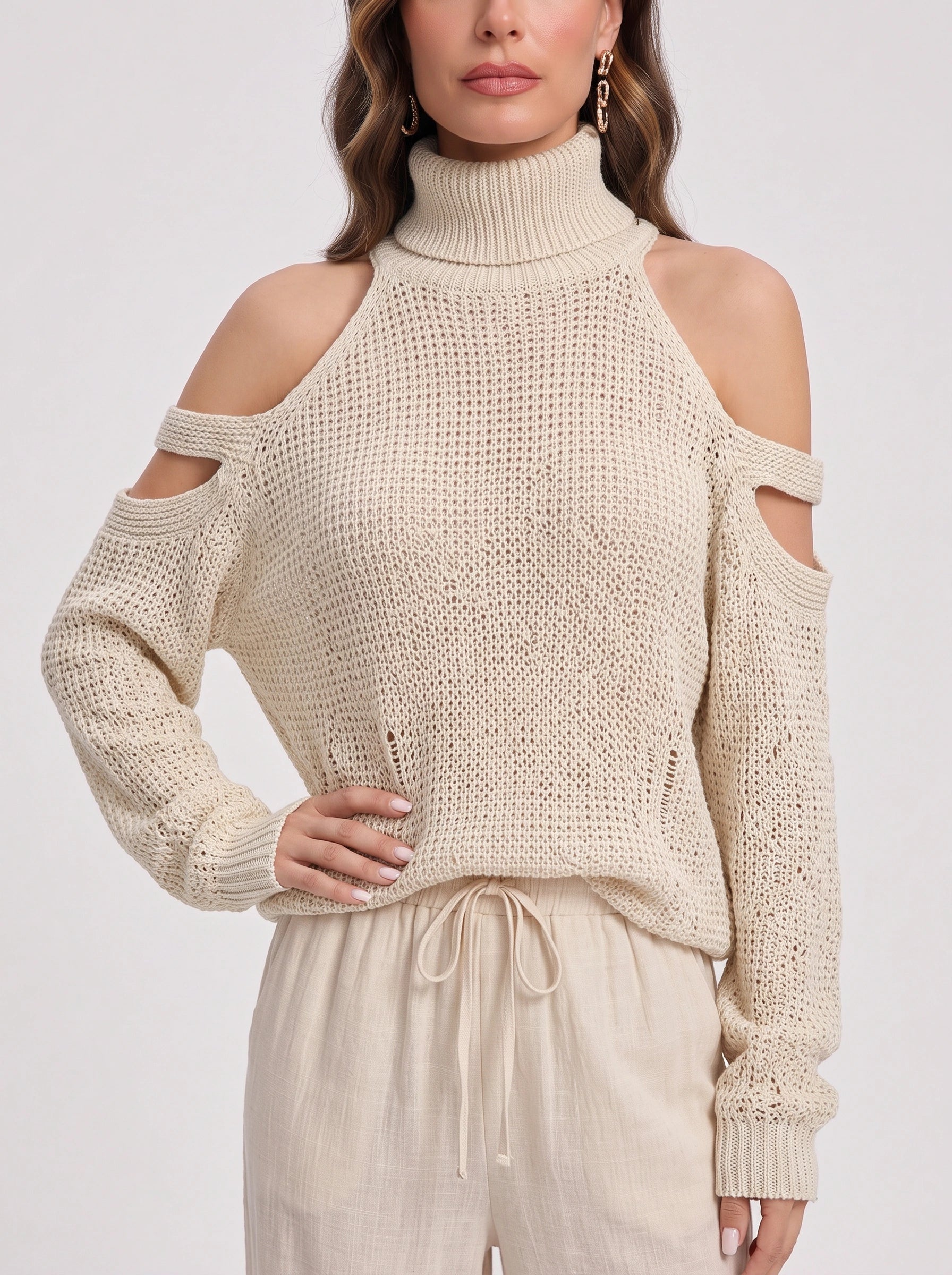 Knitara Cold-Shoulder Turtleneck Sweater – Women Lounge Co-Ord Set Summer Casual Wide-Leg Pants