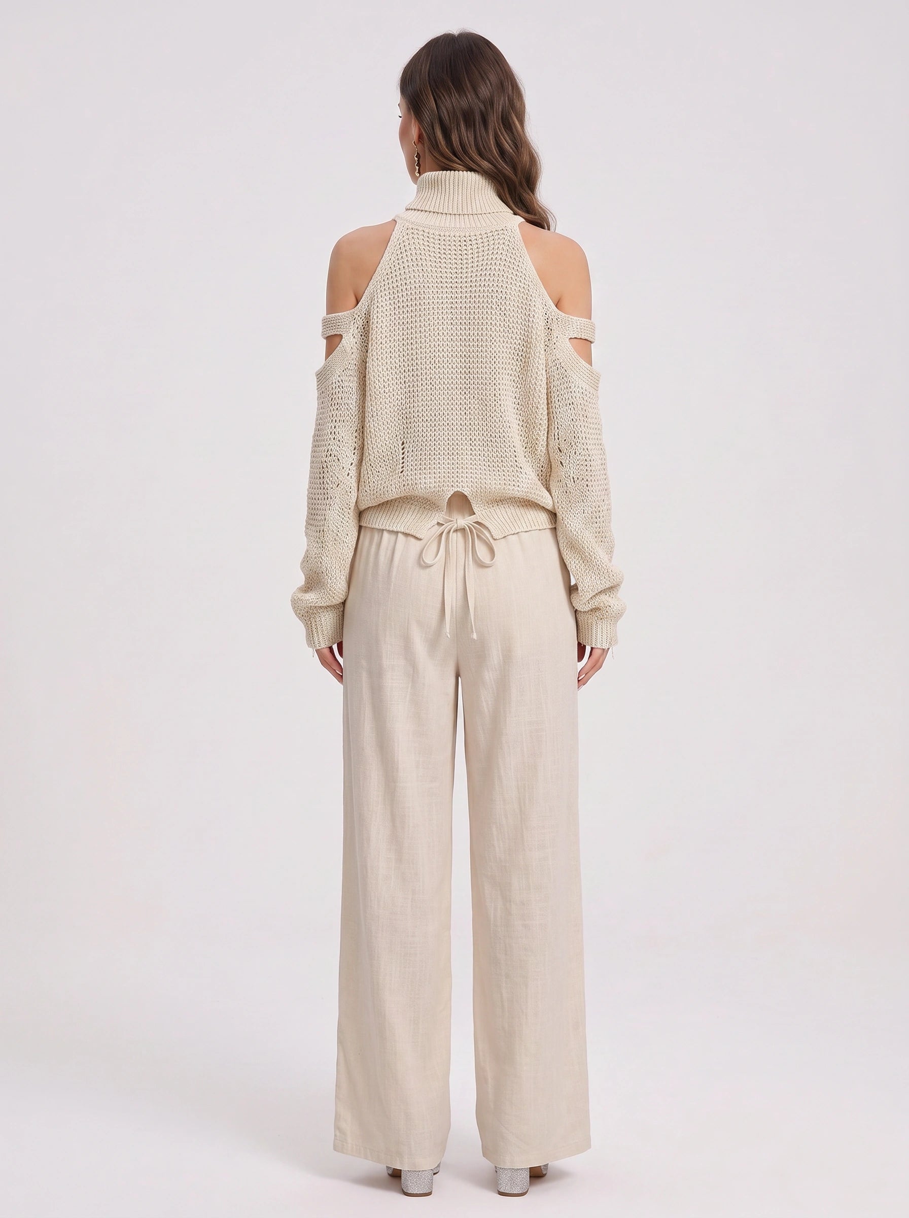 Knitara Cold-Shoulder Turtleneck Sweater – Women Lounge Co-Ord Set Summer Casual Wide-Leg Pants