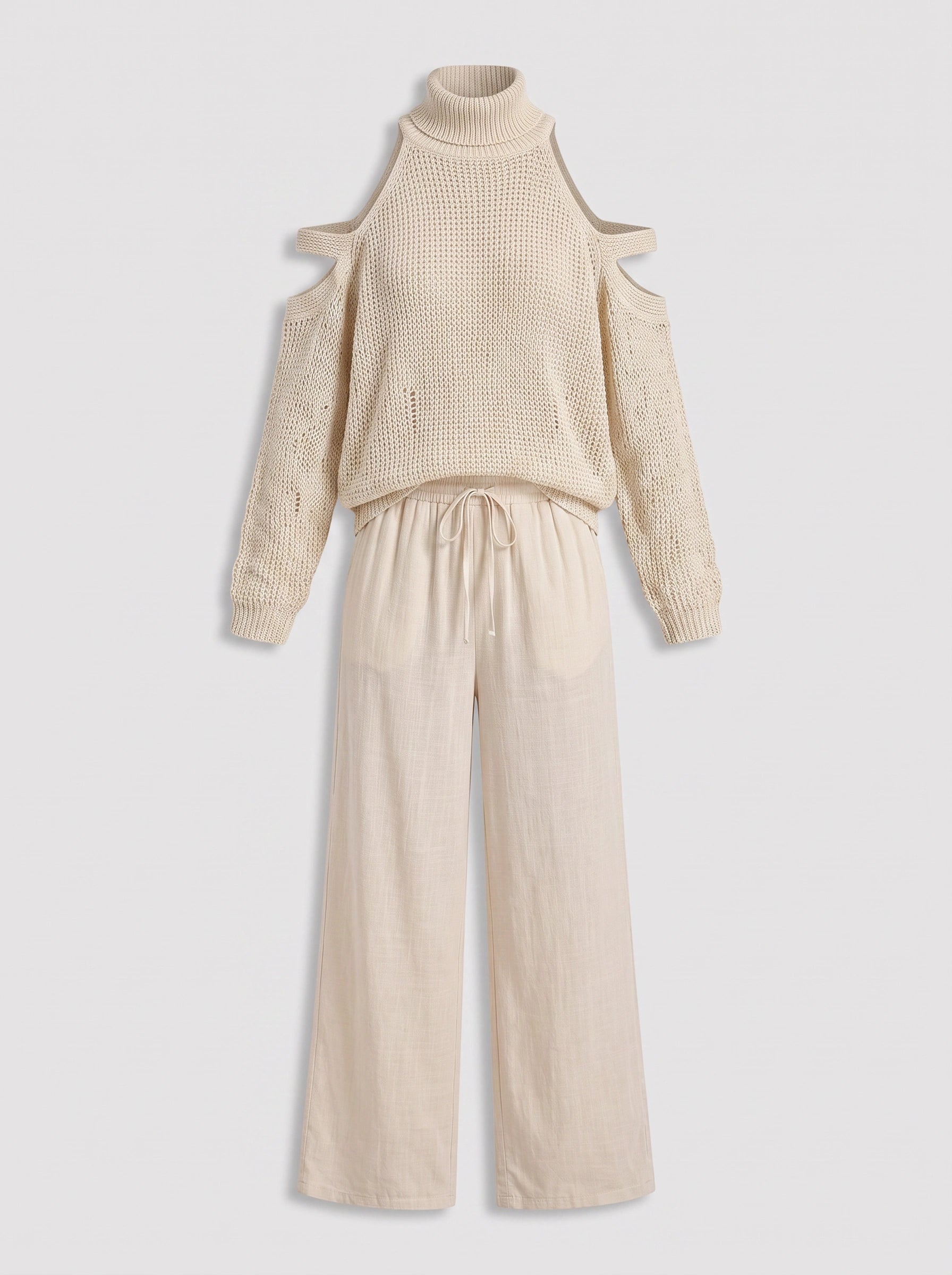 Knitara Cold-Shoulder Turtleneck Sweater – Women Lounge Co-Ord Set Summer Casual Wide-Leg Pants