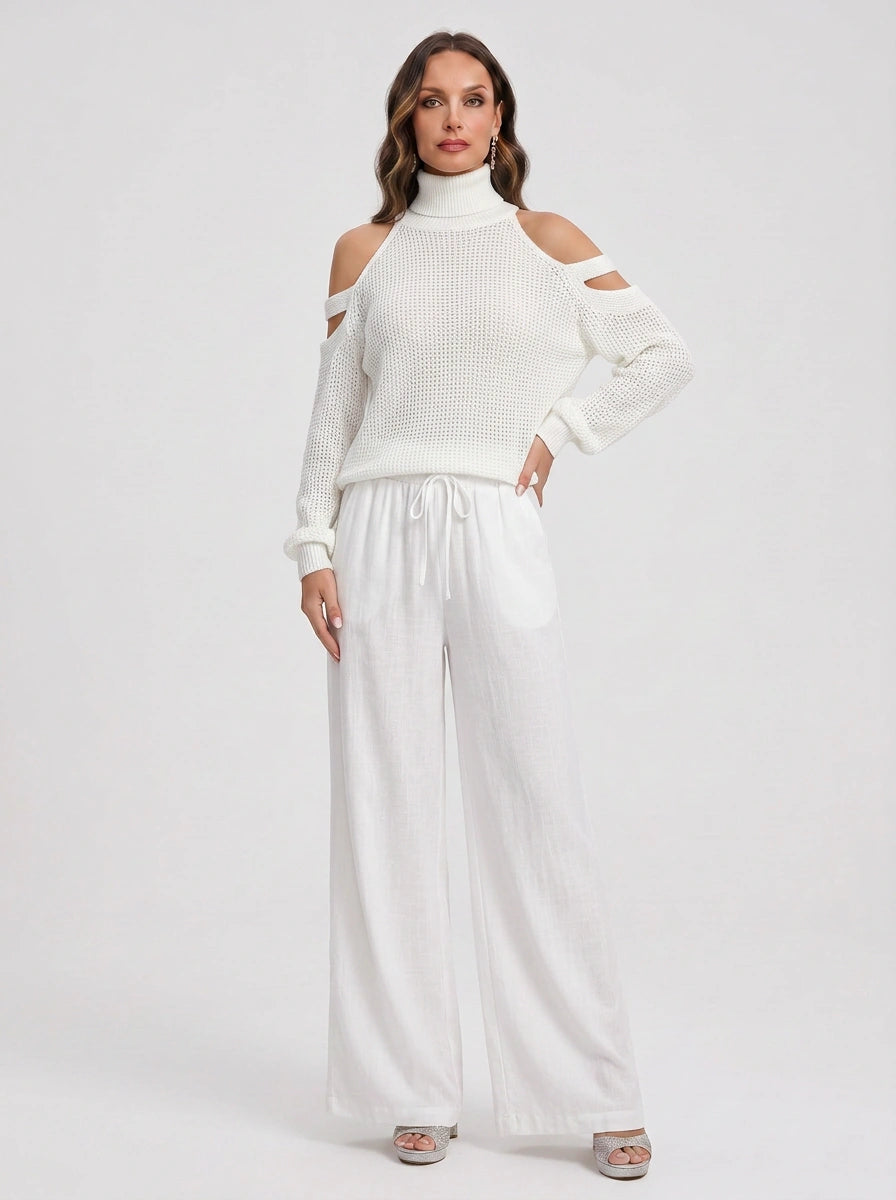 Knitara Cold-Shoulder Turtleneck Sweater – Women Lounge Co-Ord Set Summer Casual Wide-Leg Pants