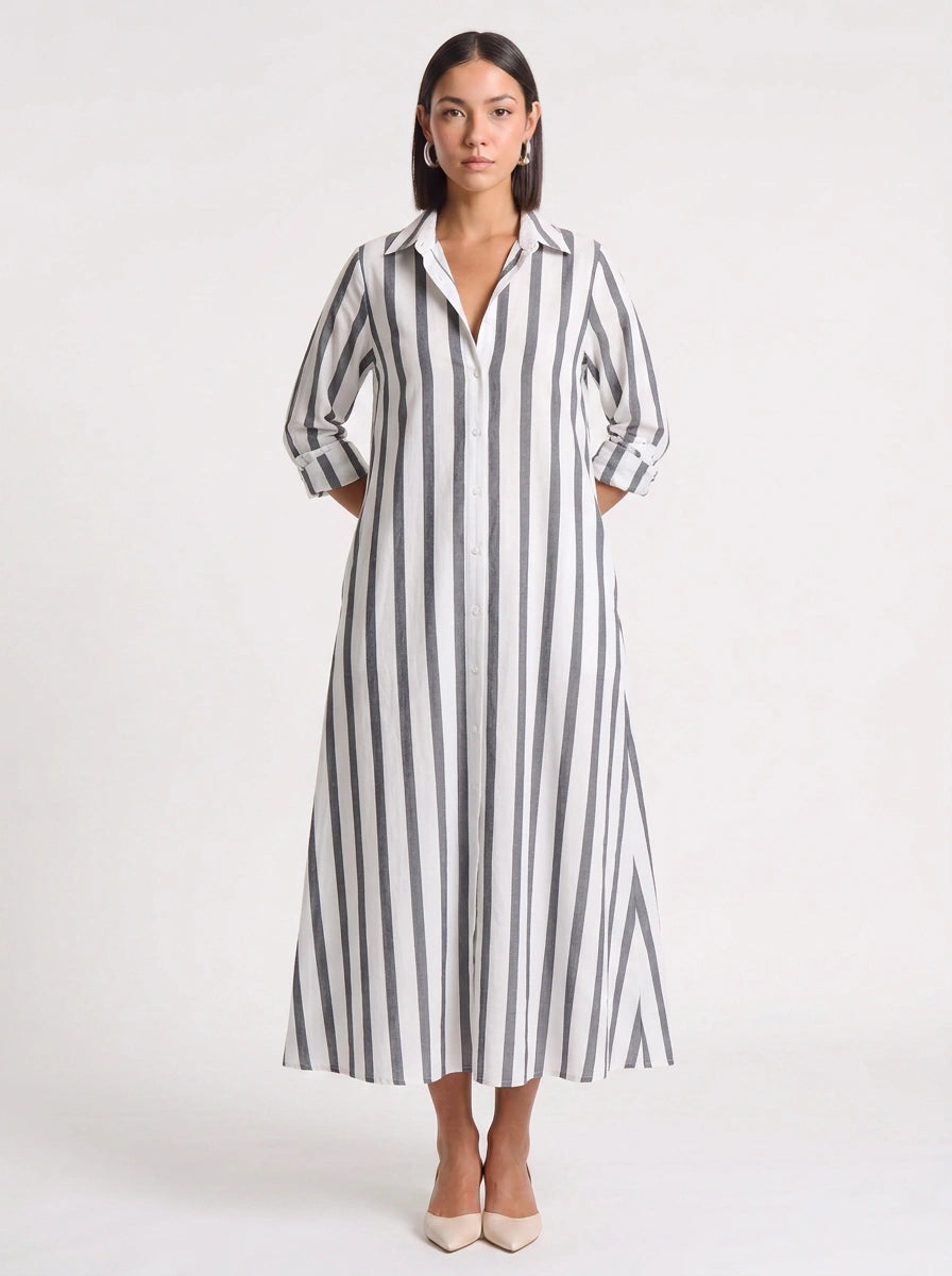Rigate Striped Shirt Maxi Dress – Lightweight Cotton Maxi Dress Women Casual Beach Vacation Sundress