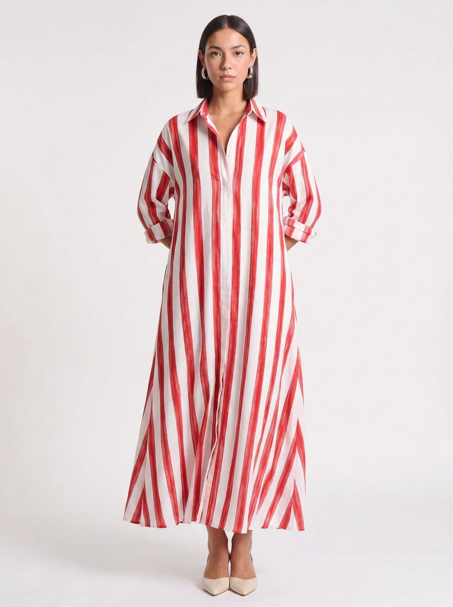 Rigate Striped Shirt Maxi Dress – Lightweight Cotton Maxi Dress Women Casual Beach Vacation Sundress