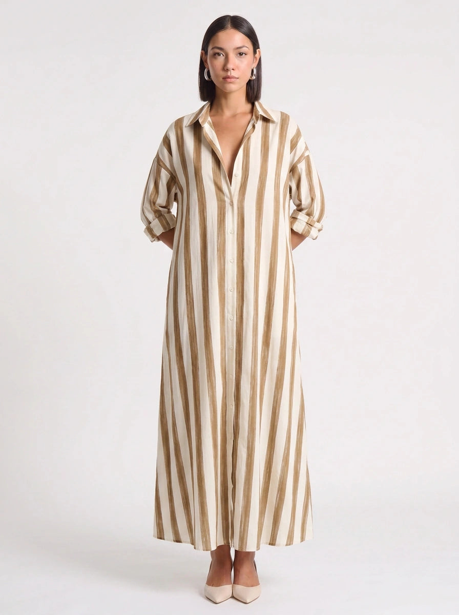 Rigate Striped Shirt Maxi Dress – Lightweight Cotton Maxi Dress Women Casual Beach Vacation Sundress