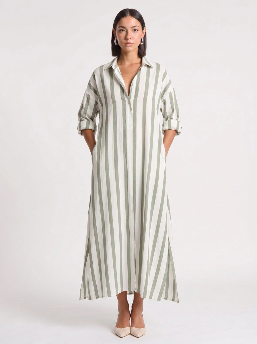Rigate Striped Shirt Maxi Dress – Lightweight Cotton Maxi Dress Women Casual Beach Vacation Sundress