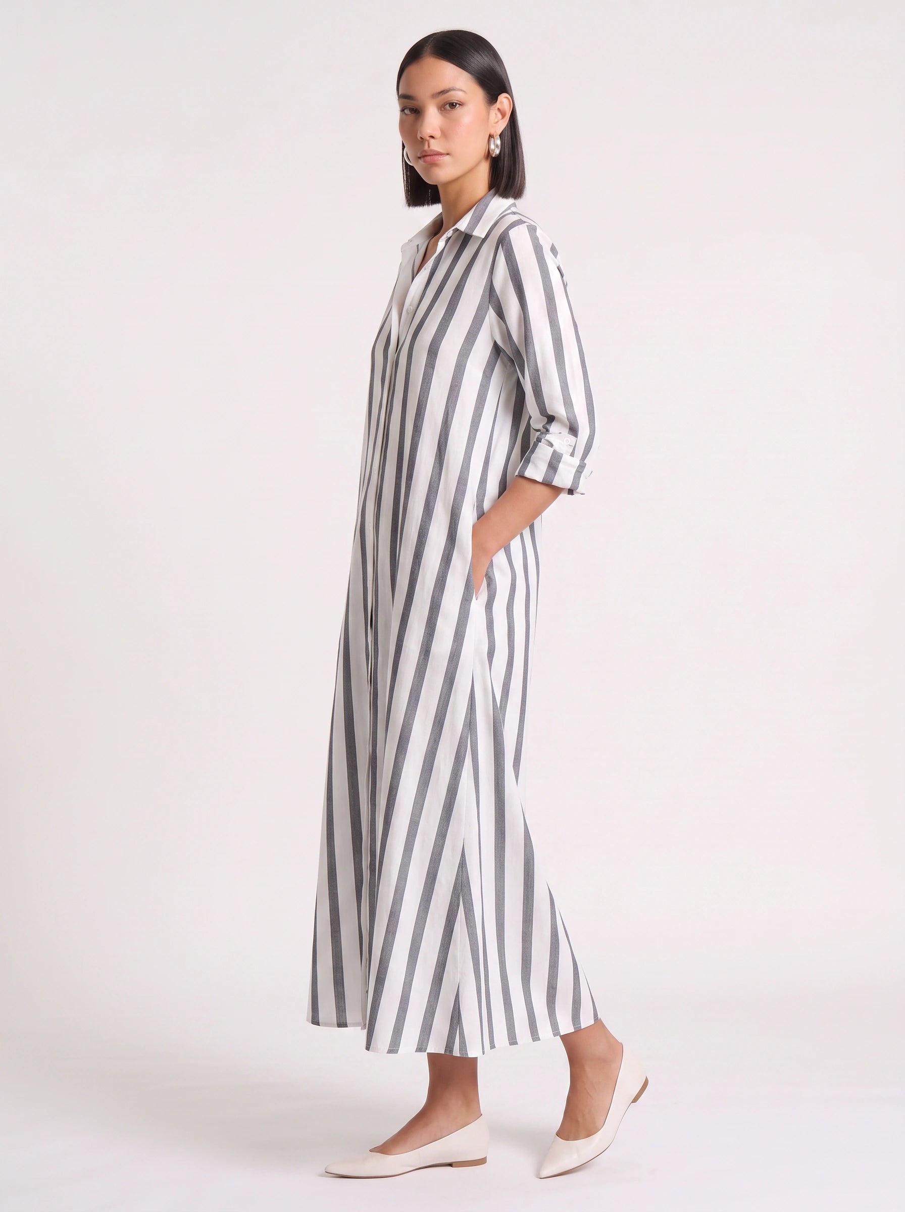 Rigate Striped Shirt Maxi Dress – Lightweight Cotton Maxi Dress Women Casual Beach Vacation Sundress