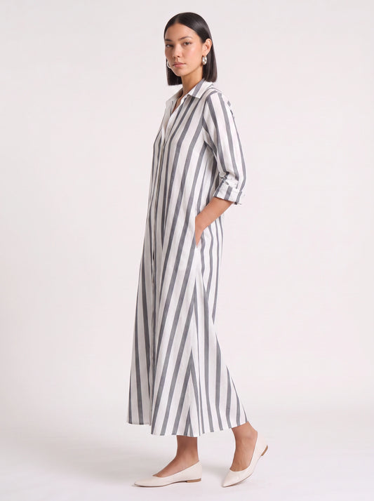 Rigate Striped Shirt Maxi Dress – Lightweight Cotton Maxi Dress Women Casual Beach Vacation Sundress