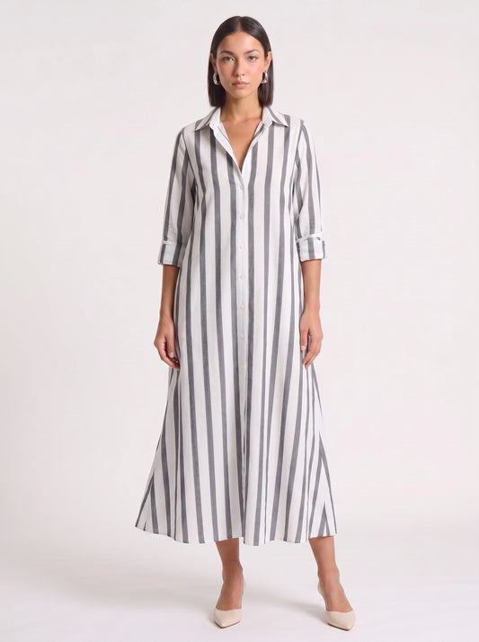 Rigate Striped Shirt Maxi Dress – Lightweight Cotton Maxi Dress Women Casual Beach Vacation Sundress