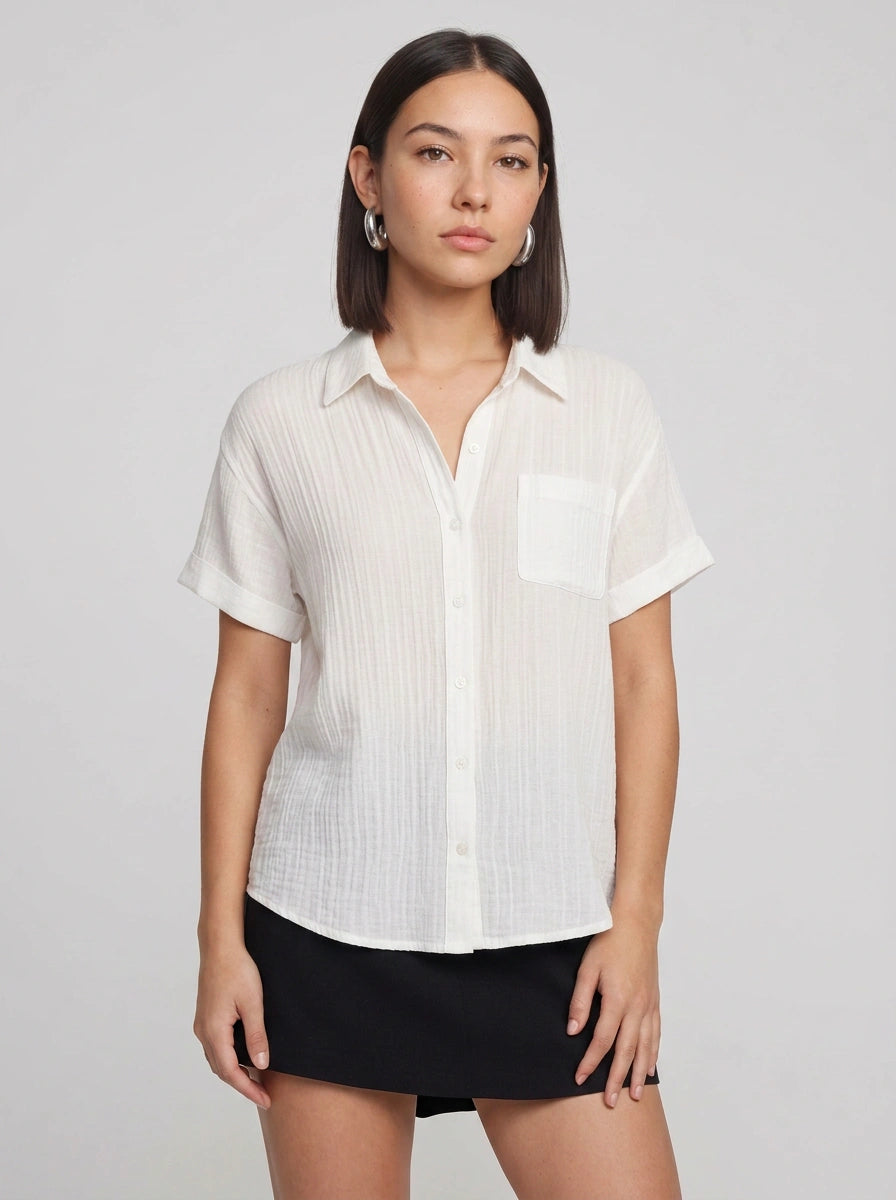 Brezza Gauze Short Sleeve Button Down Shirt – Women Button Up Blouse Casual Summer Beach Vacation Shirt