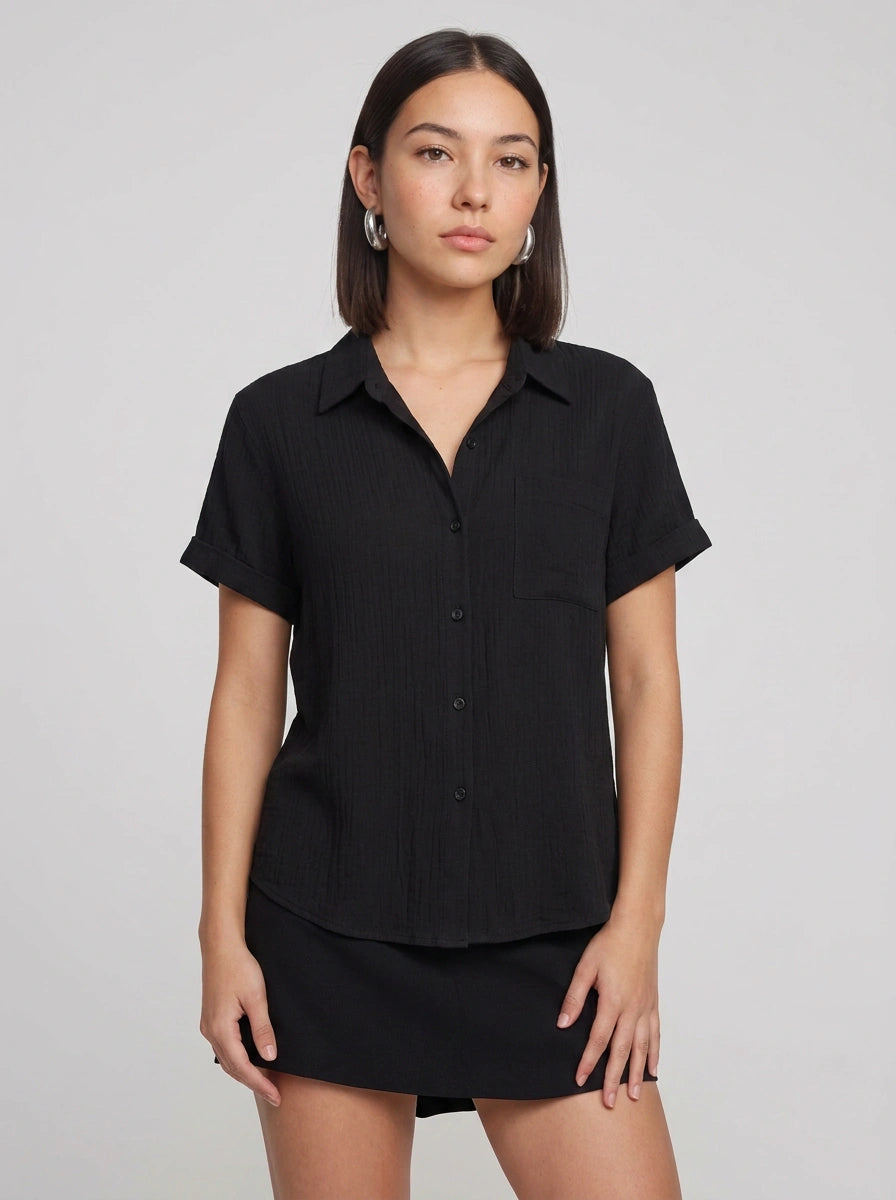 Brezza Gauze Short Sleeve Button Down Shirt – Women Button Up Blouse Casual Summer Beach Vacation Shirt